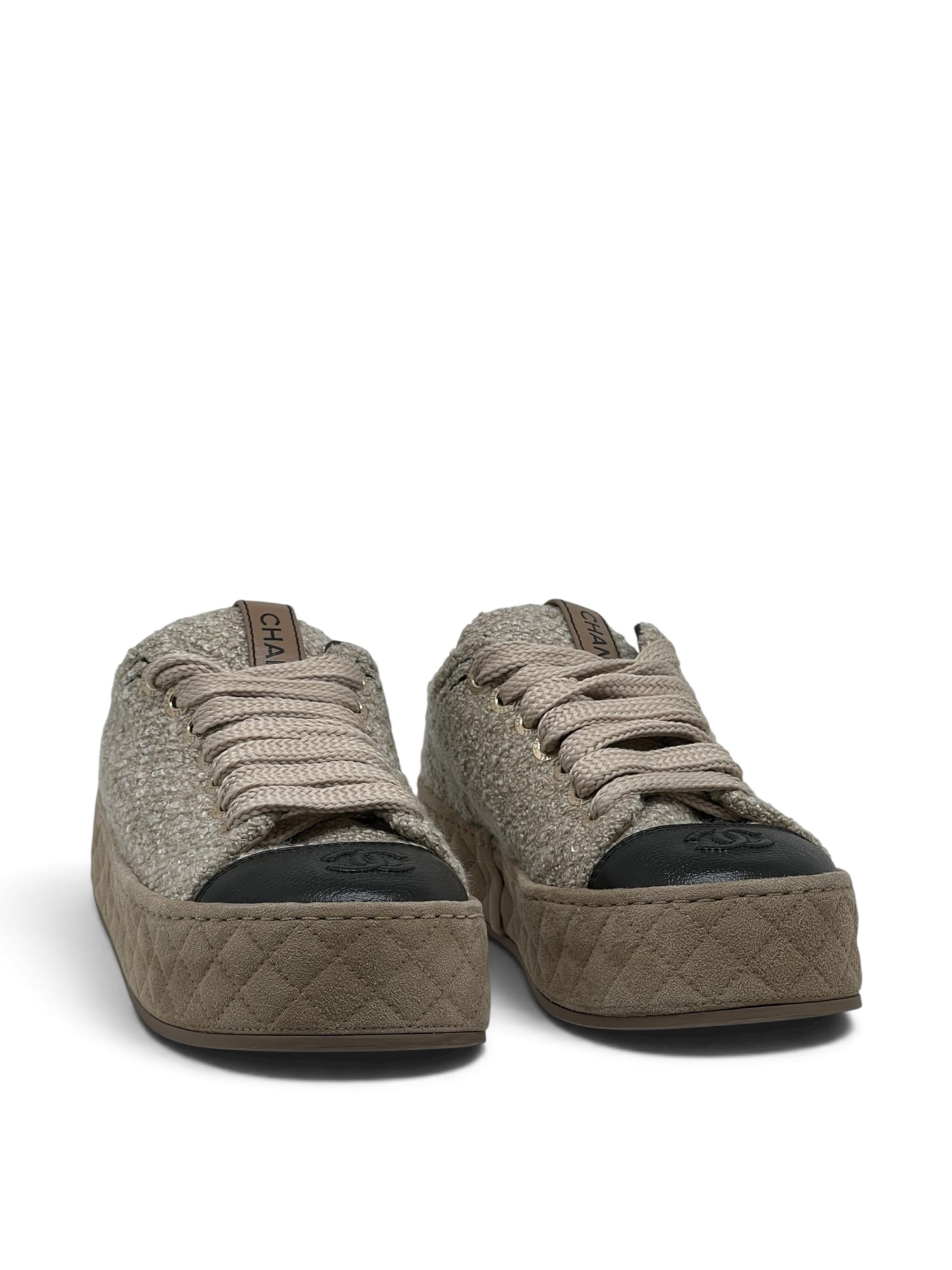 Chanel - Baskets en laine et cuir compensées beige T38,5