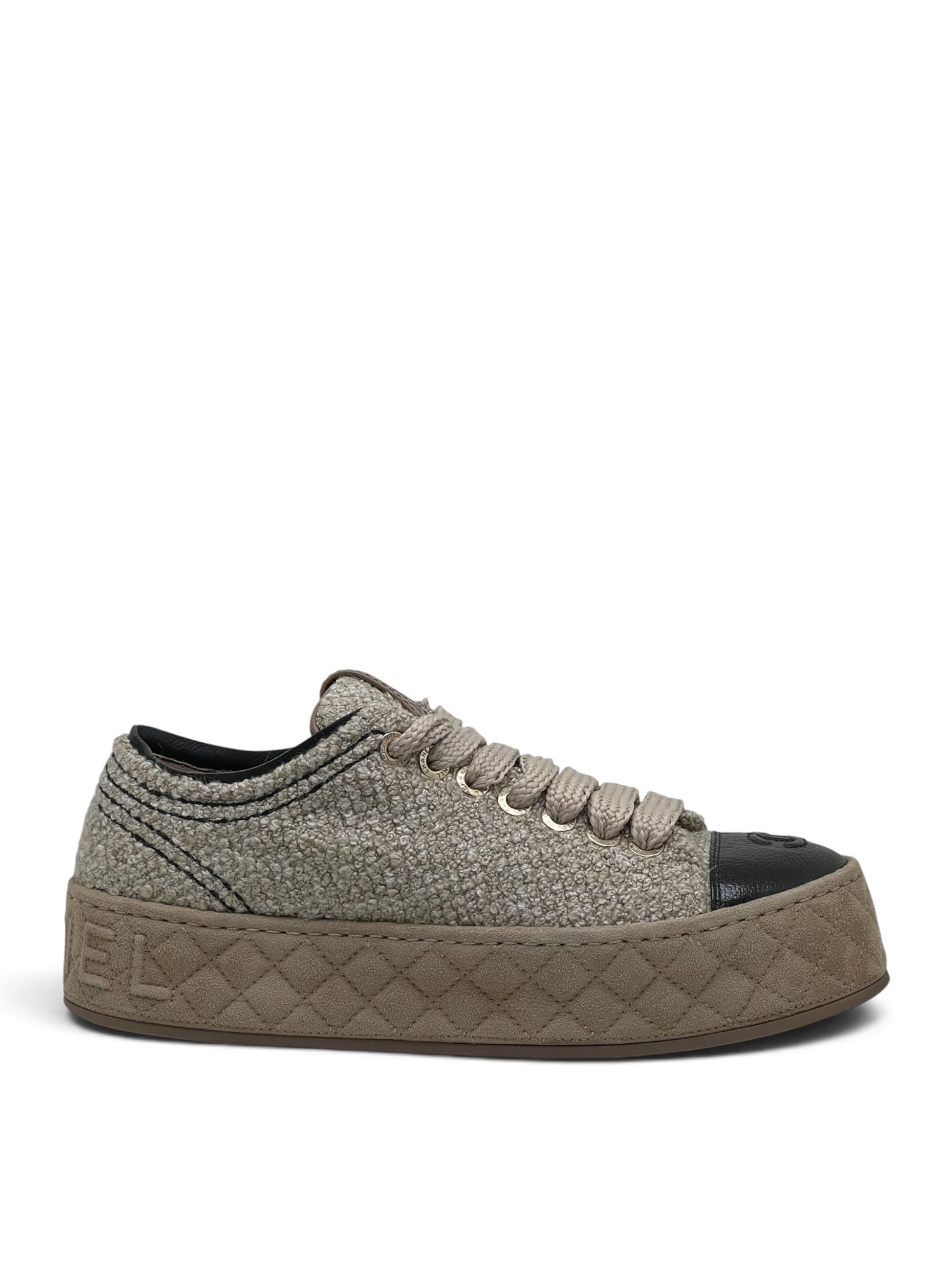 Chanel - Baskets en laine et cuir compensées beige T38,5