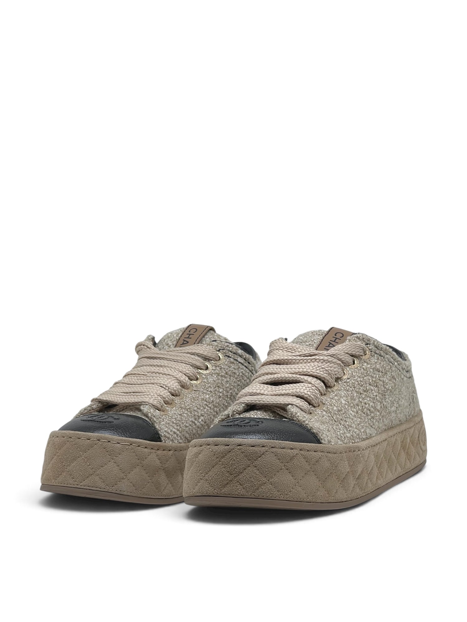 Chanel - Baskets en laine et cuir compensées beige T38,5