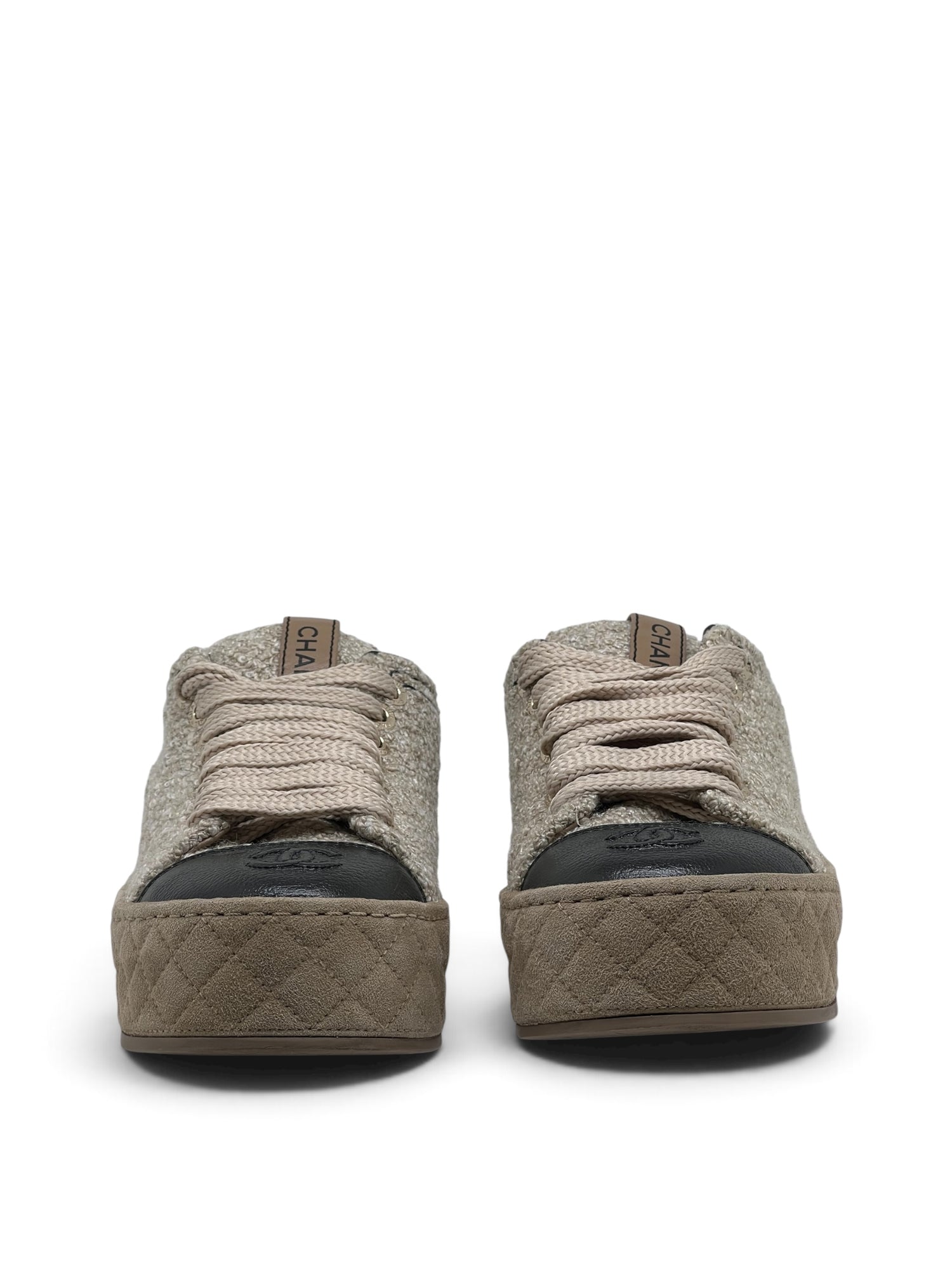 Chanel - Baskets en laine et cuir compensées beige T38,5
