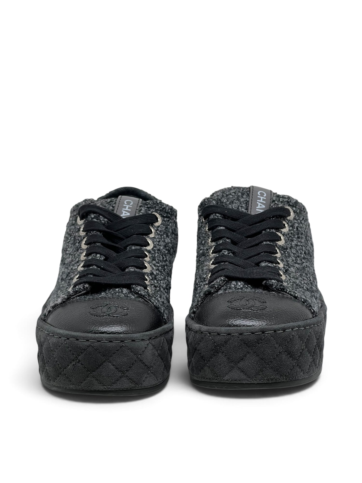 Chanel - Baskets en laine et cuir compensées gris  T38,5