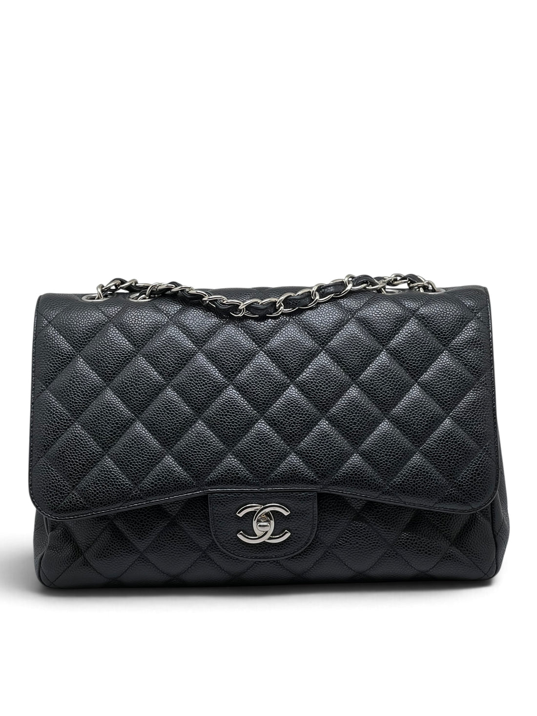 Chanel - Sac Jumbo 11.12 en cuir caviar noir finitions argentée