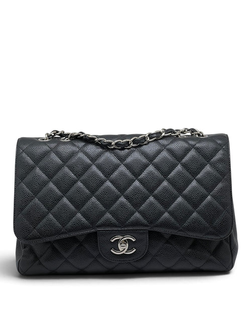Chanel - Sac Jumbo 11.12 en cuir caviar noir finitions argentée