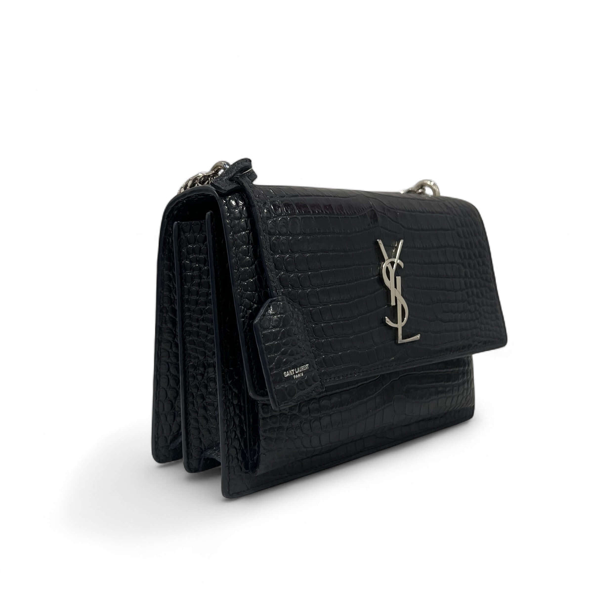 Saint Laurent - Navy Blue Embossed Crocodile Sunset Bag