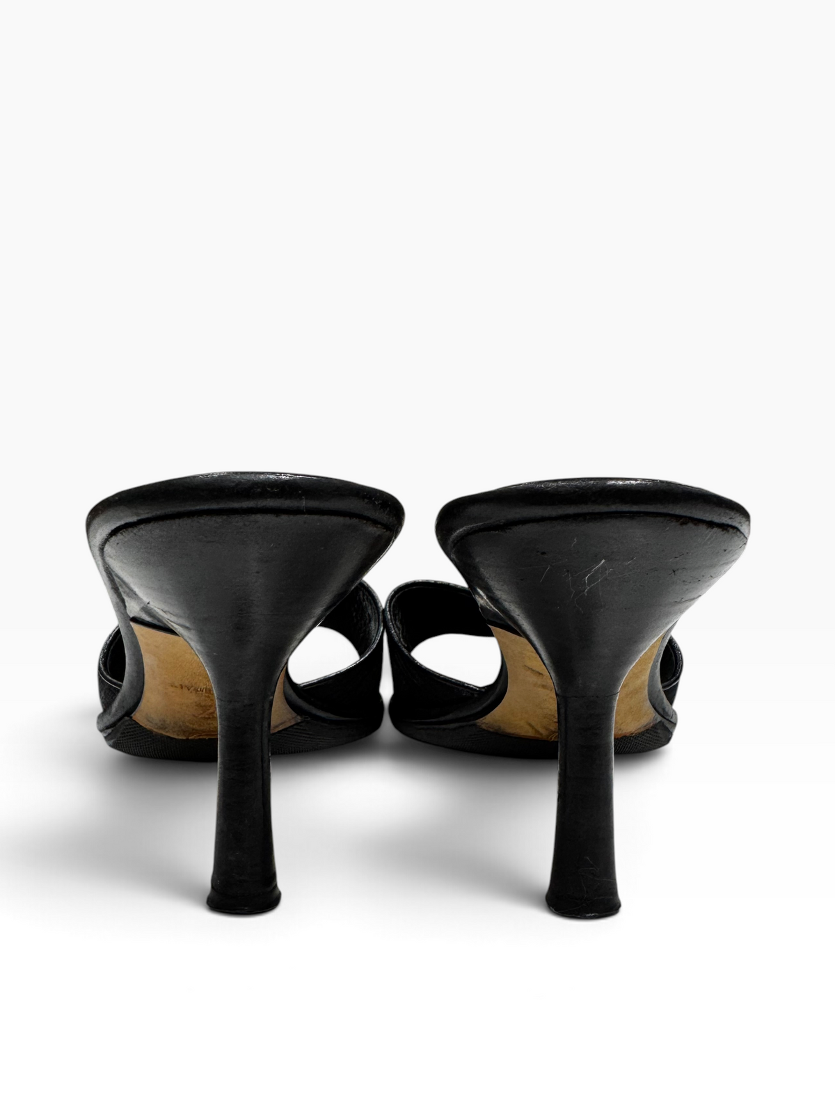 Chanel - Mules à talon en cuir noir et toile