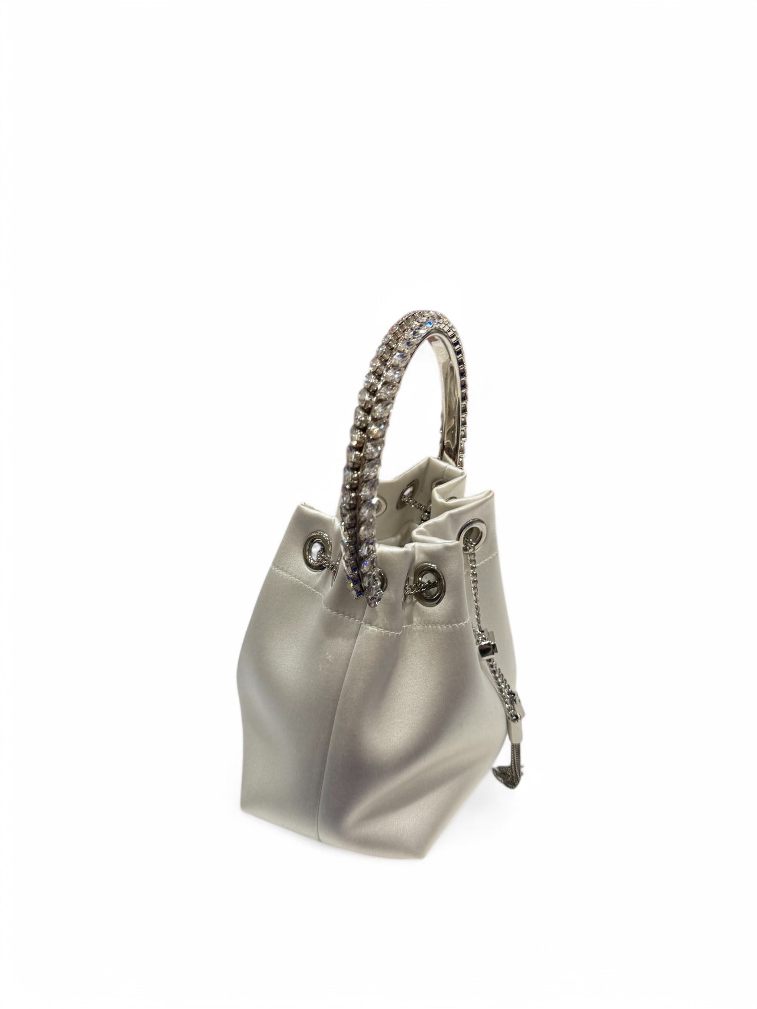 Jimmy Choo - Sac Bon Bon en satin ivoire poignée strass