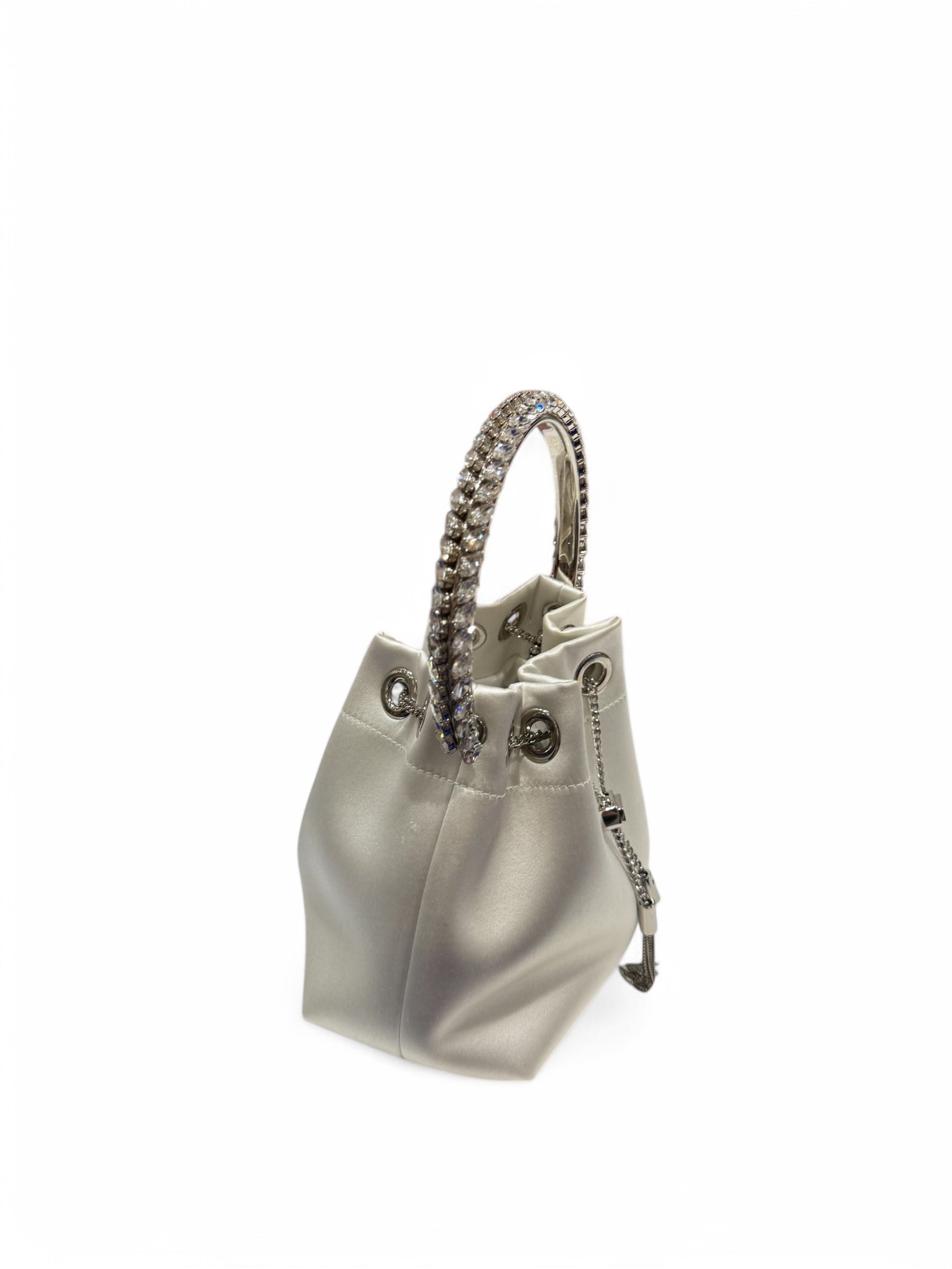 Jimmy Choo - Sac Bon Bon en satin ivoire poignée strass