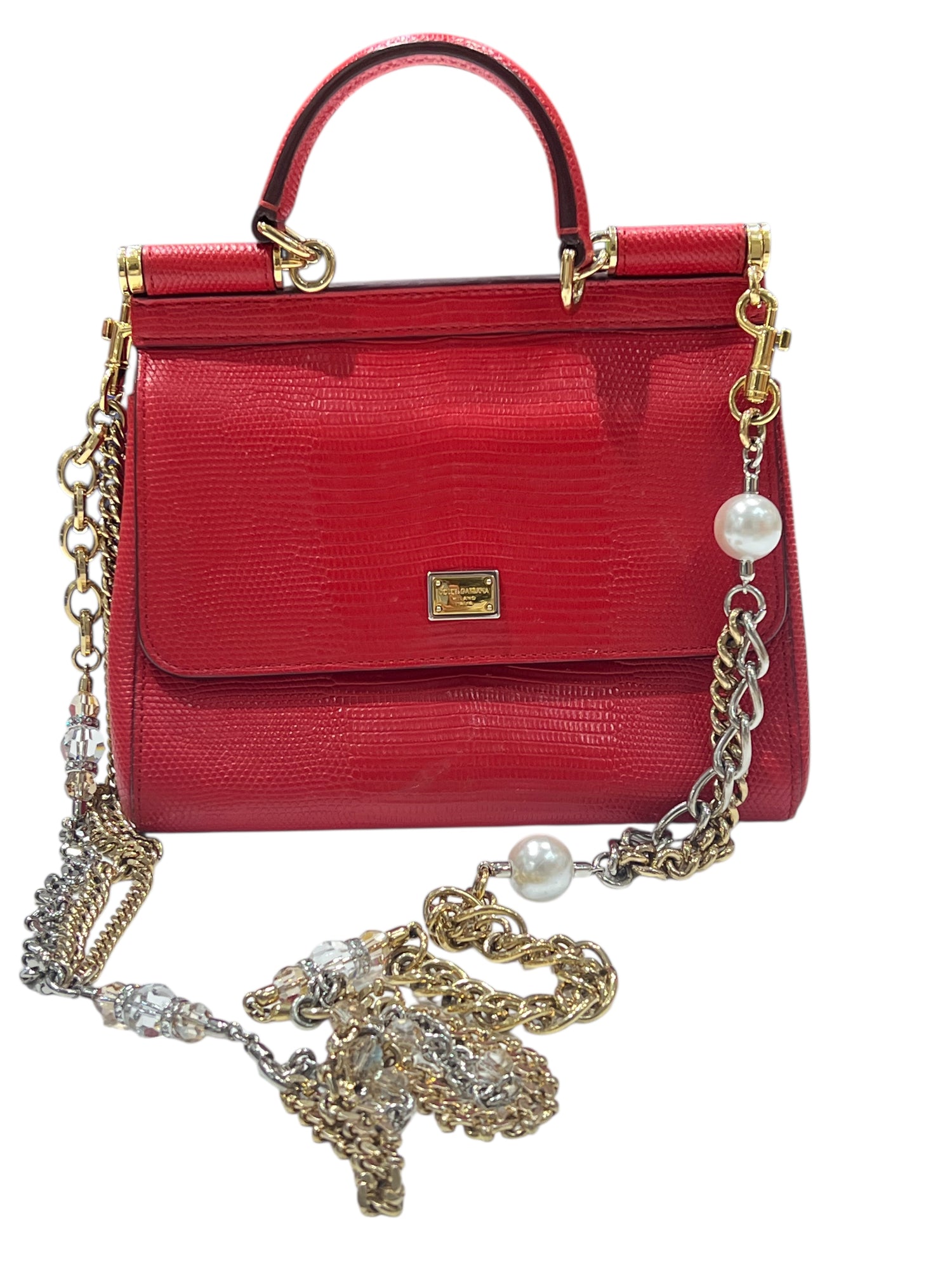 Dolce gabbana - sac sicily cuir façon lézard rouge chaîne bijou