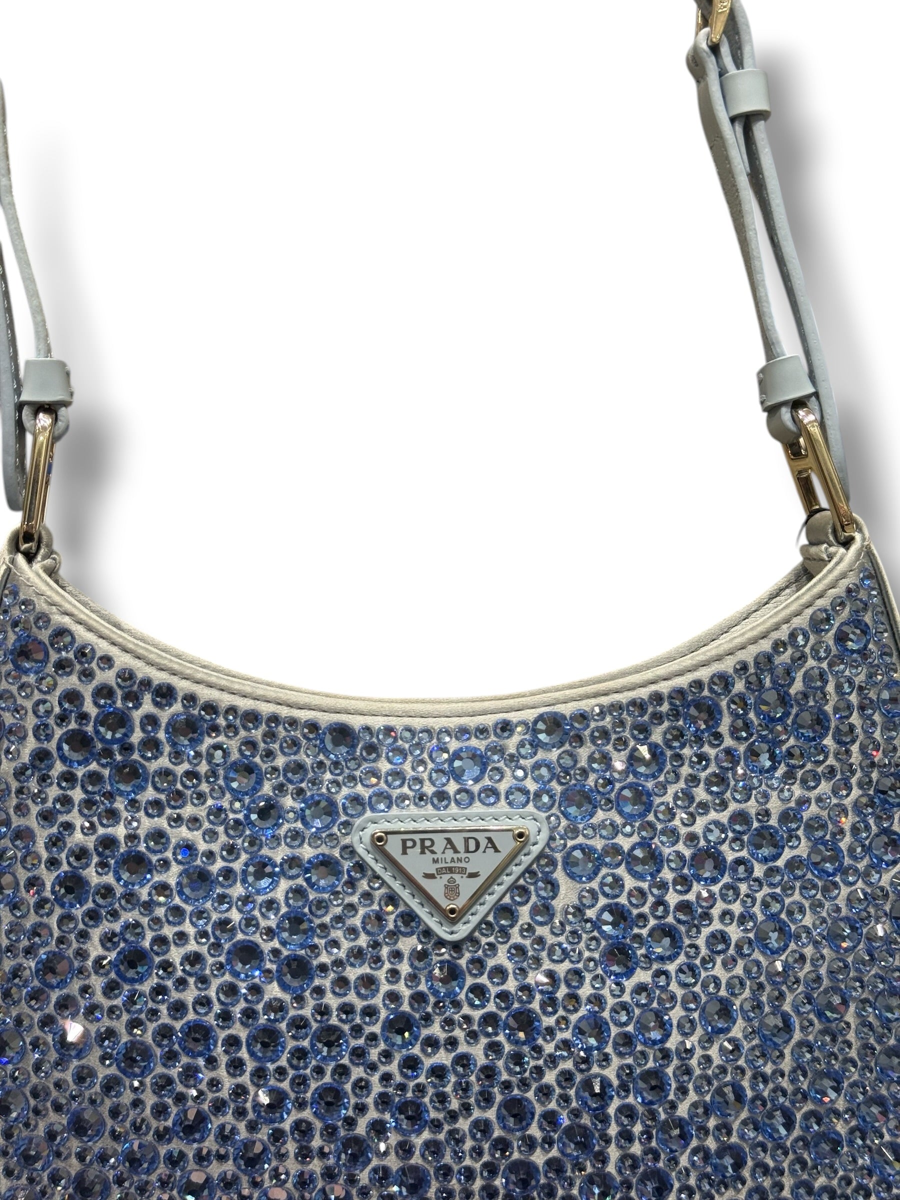 Prada - borsa Cleo in raso con cristalli blu