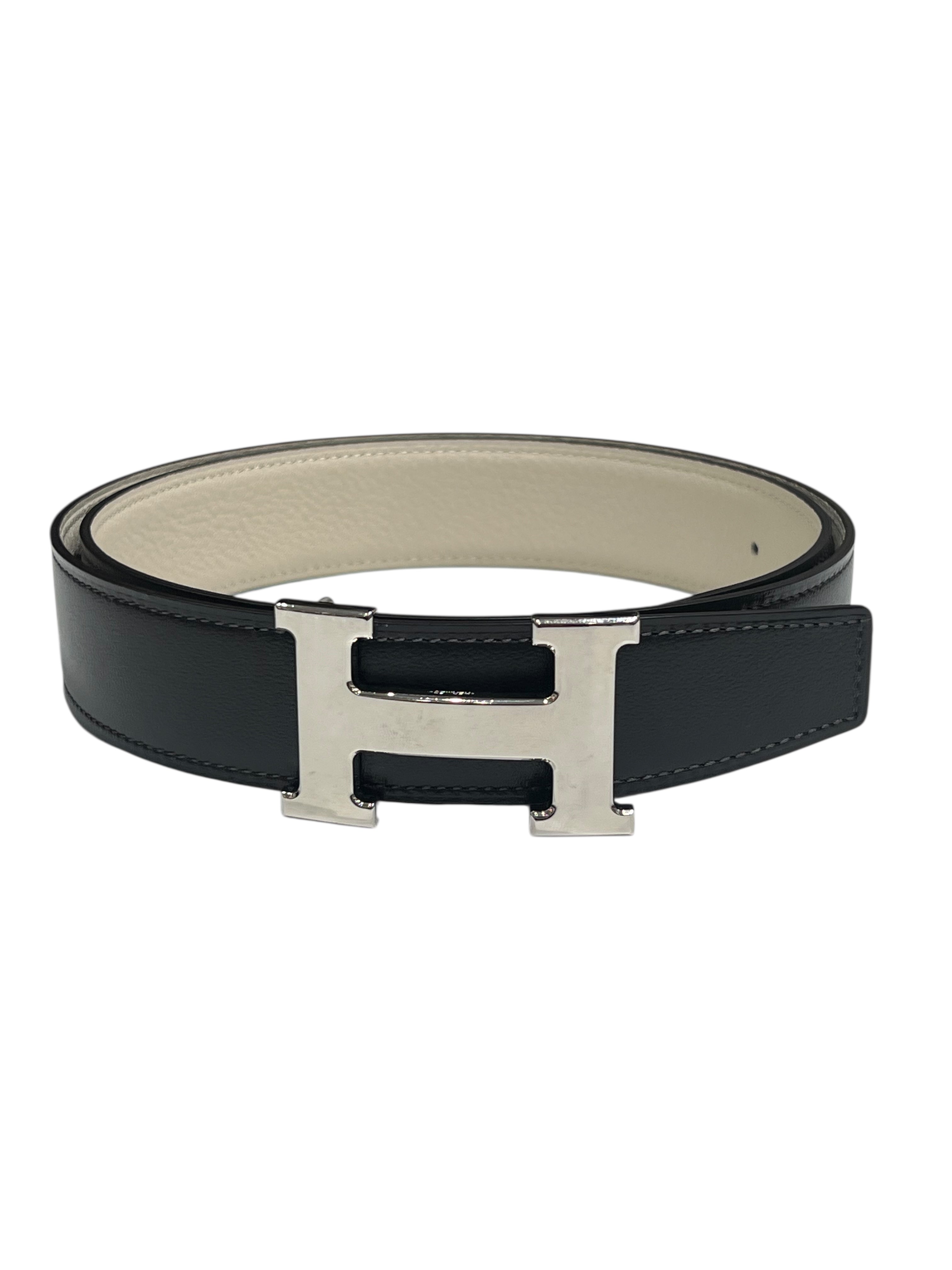 Hermès - Ceinture H finition argenté cuir réversible craie et graphite