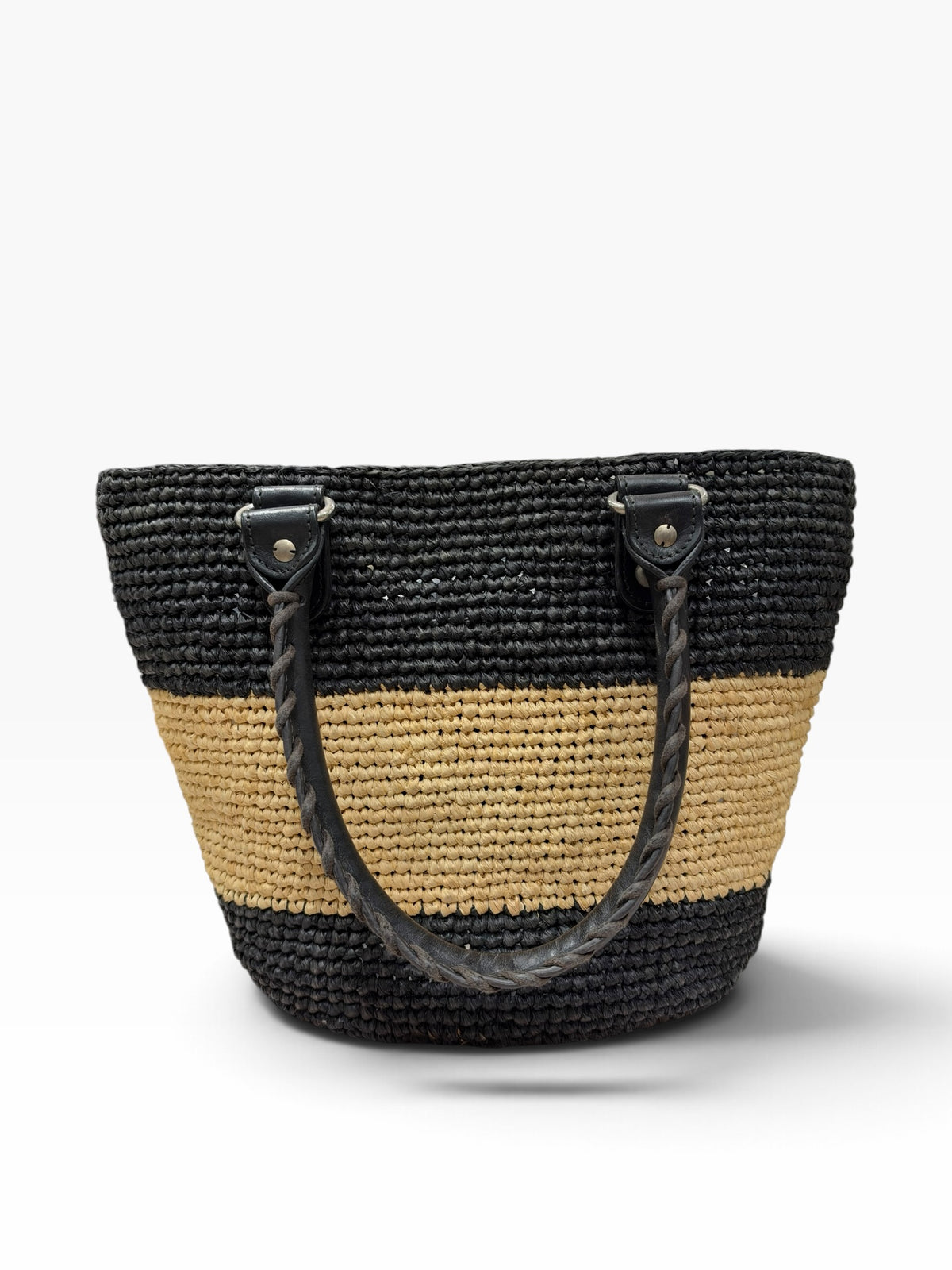 Balenciaga - Black and beige raffia basket bag
