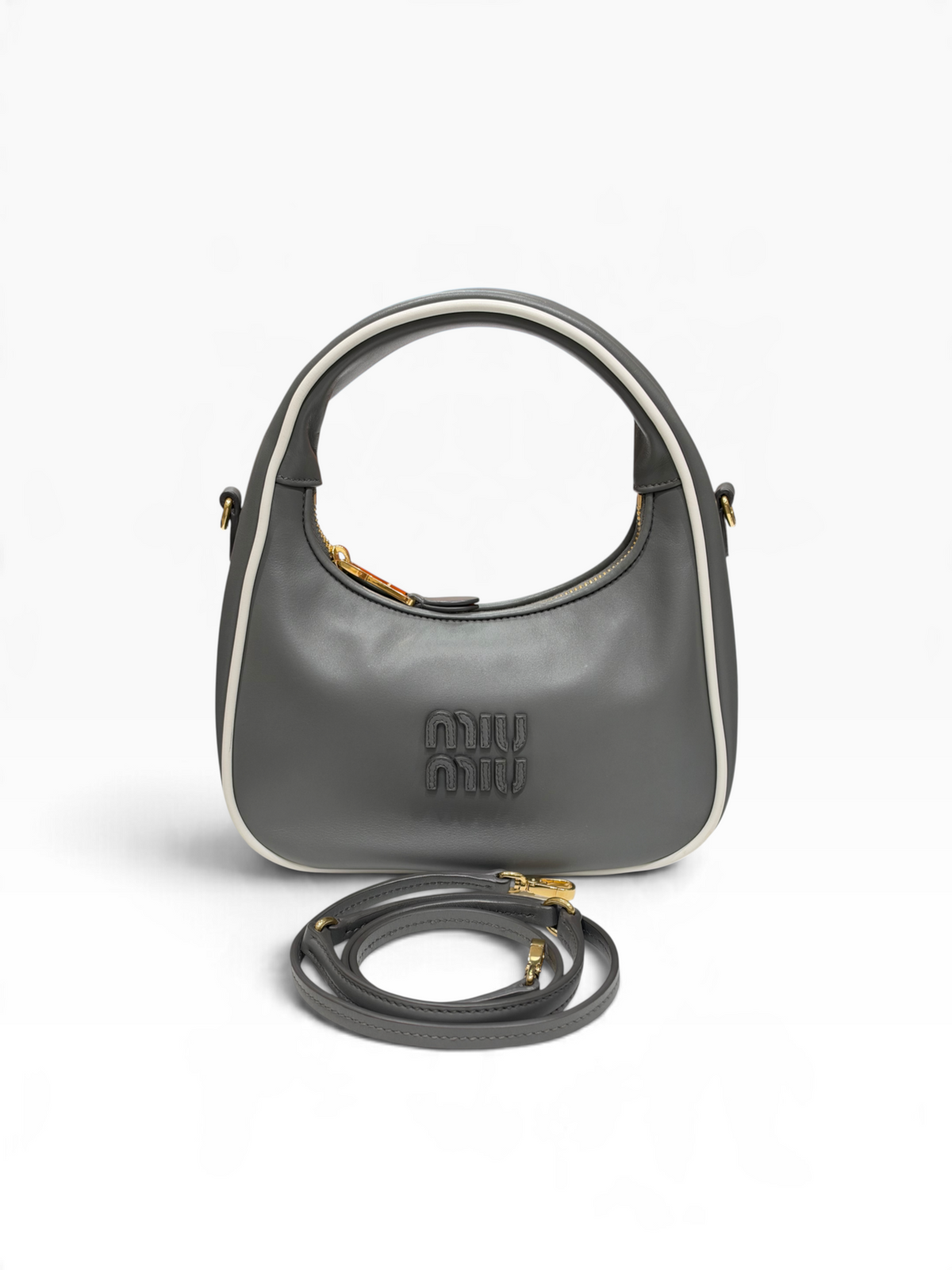 Miu Miu - sac mini Wander cuir lisse gris bords blancs
