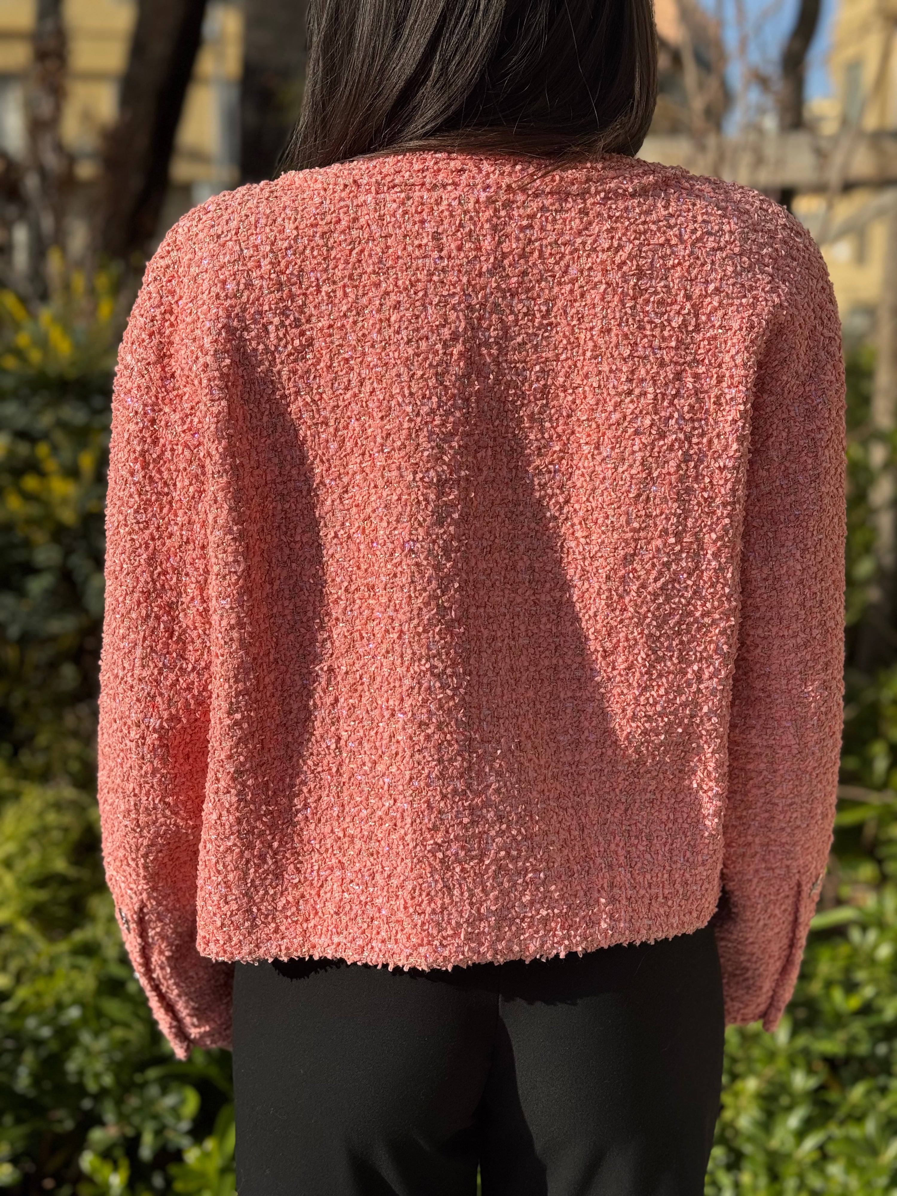 Chanel - Collarless Salmon Tweed Jacket T.38