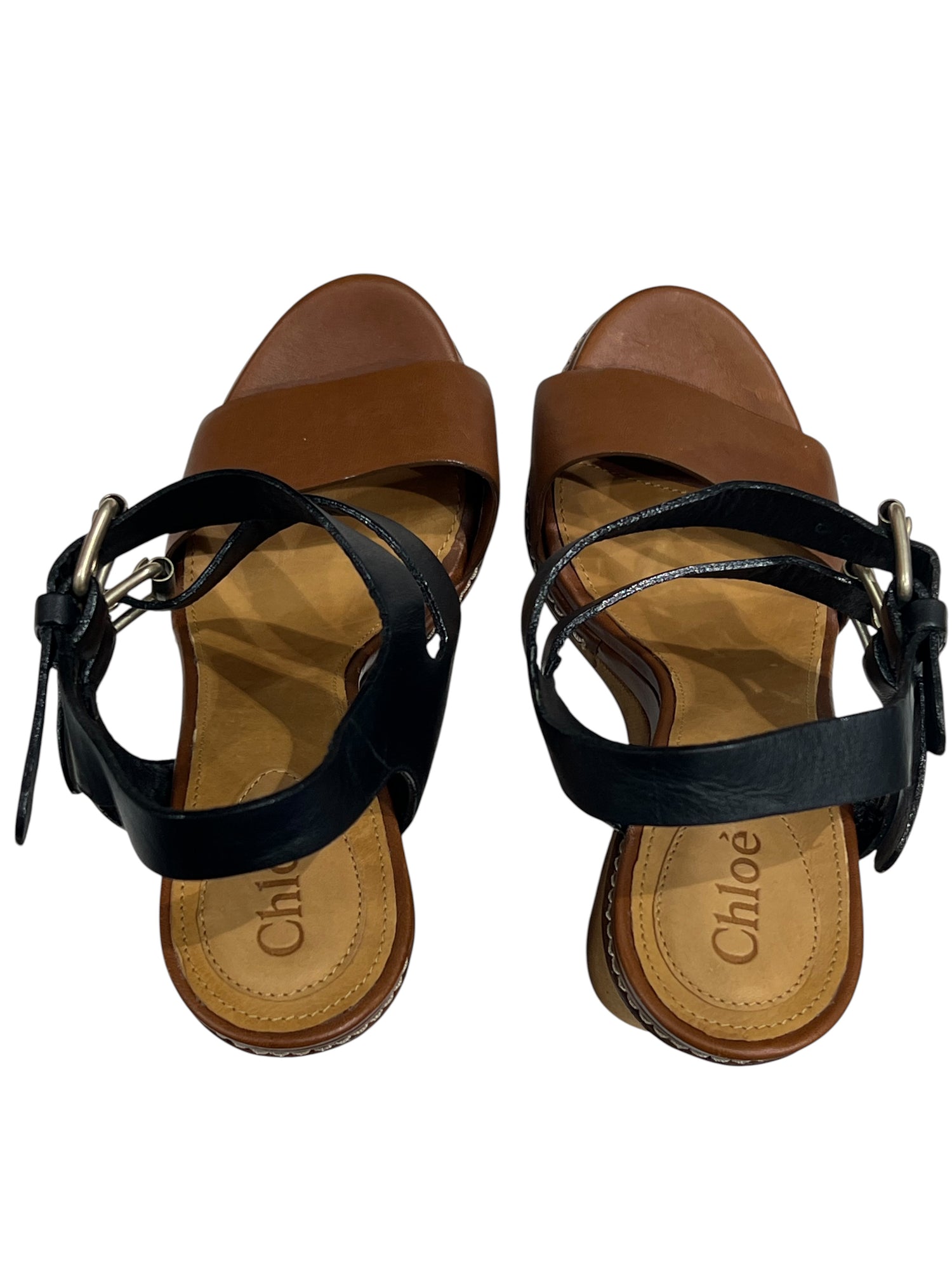 Chloé - sandales à talon compensées bois et cuir noir T36