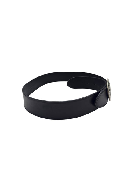 Saint Laurent - Ceinture en cuir noir et boucle cœur argenté T80