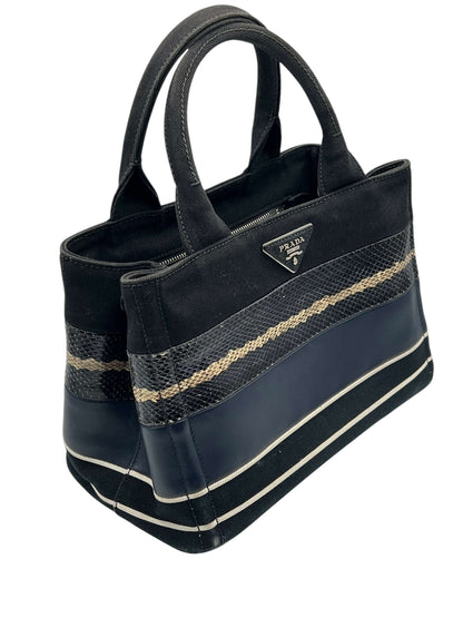Prada - sac Canapa, toile, cuir et python marine et noir
