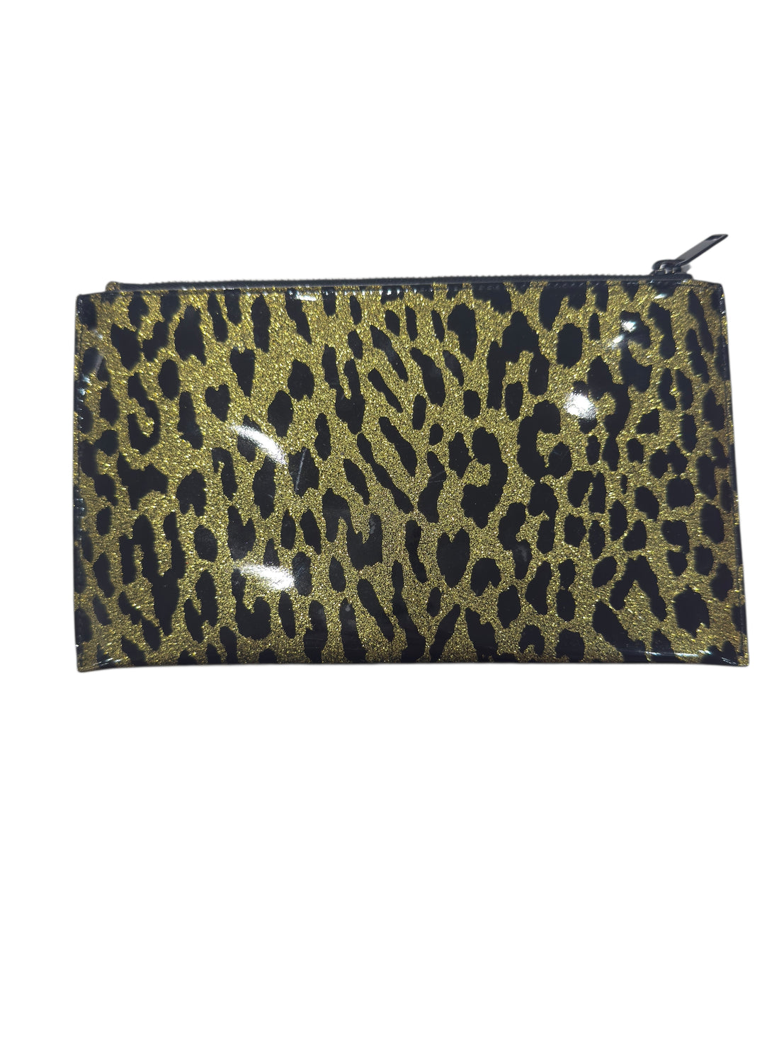 Saint Laurent - Pochette en cuir vernis léopard doré pailleté et noir