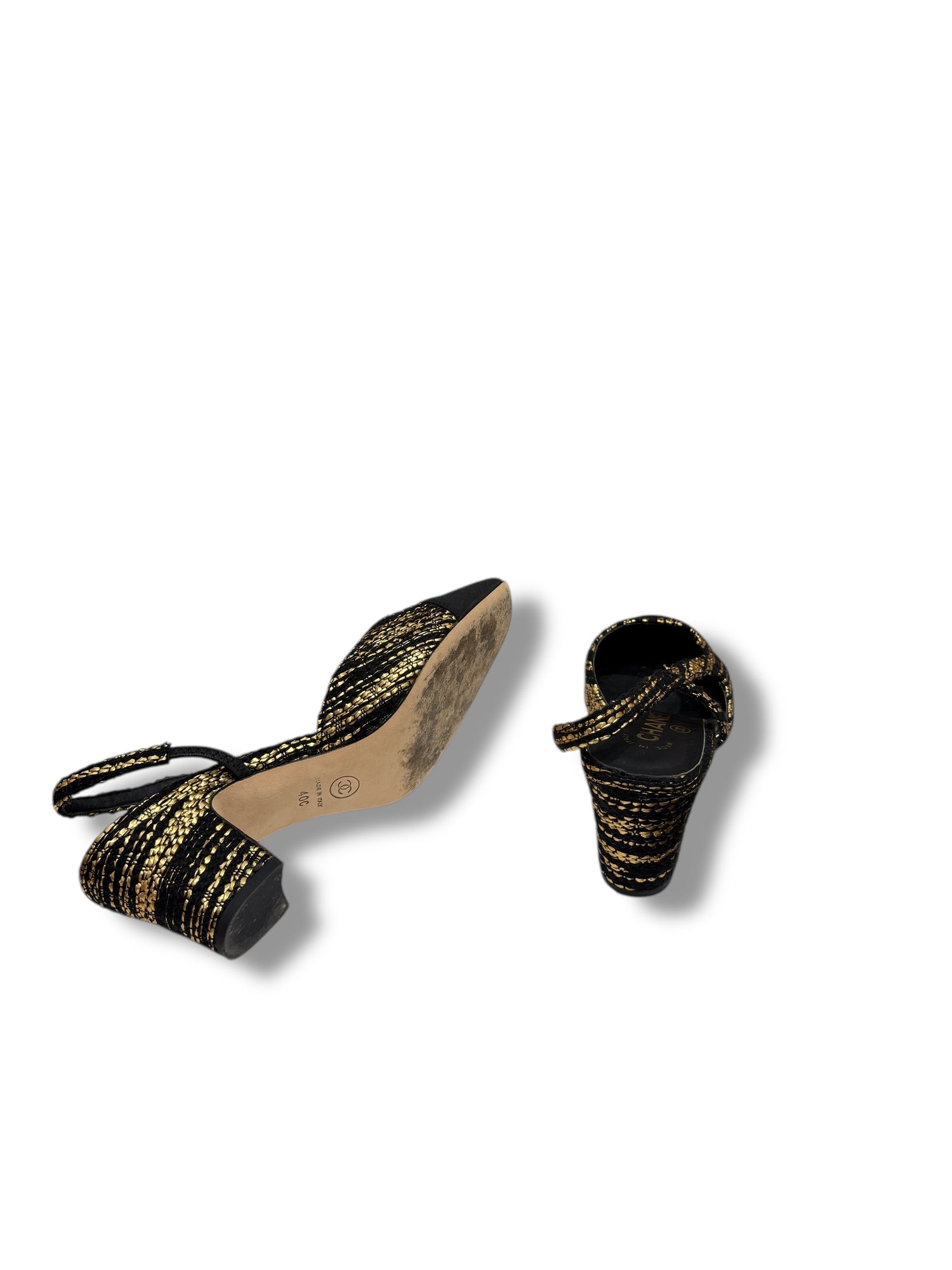 Chanel - Slingback tweed noir et or T40C édition limitée