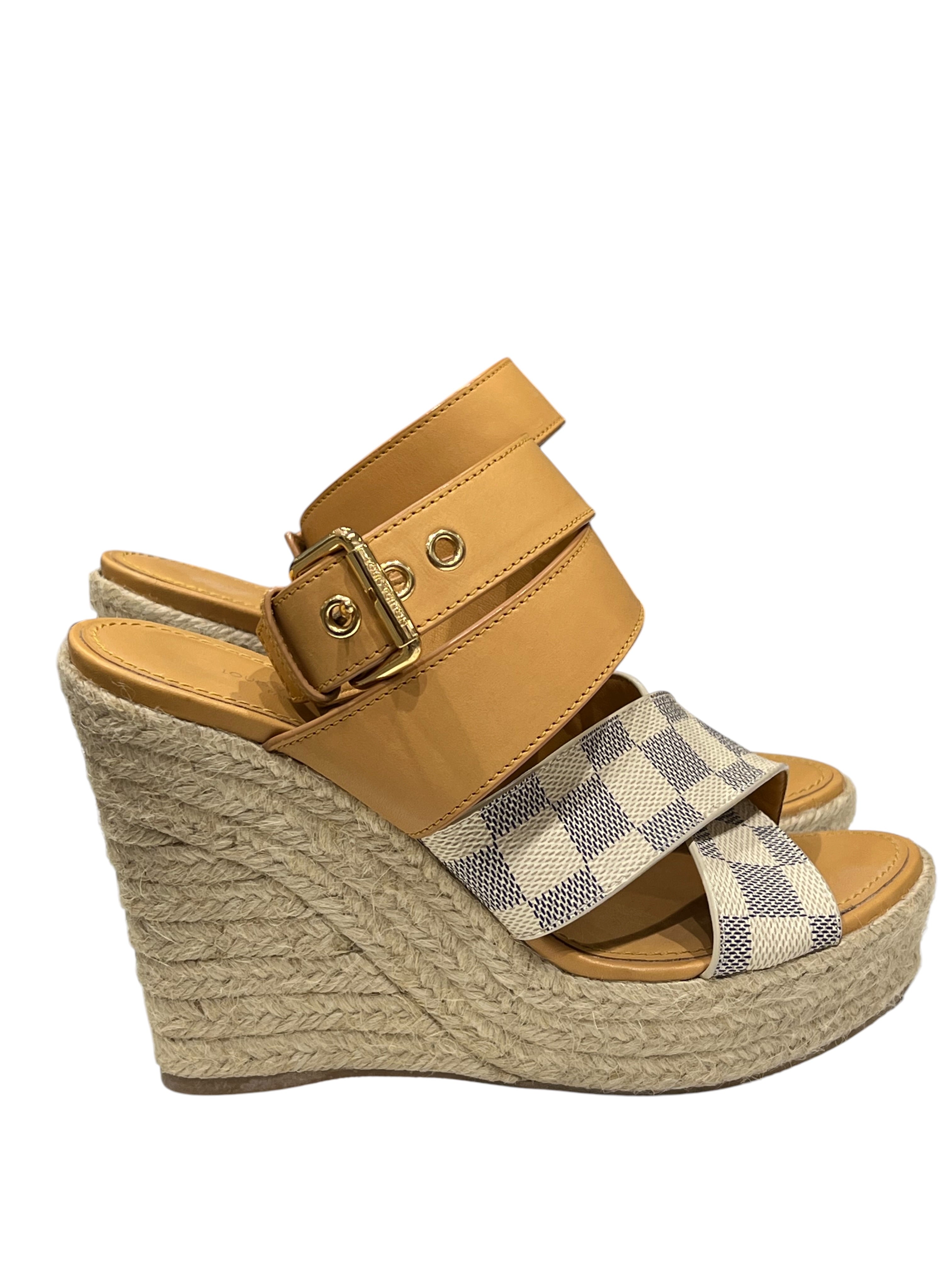 Louis Vuitton - sandales talon compensé corde toile damier azur T 37