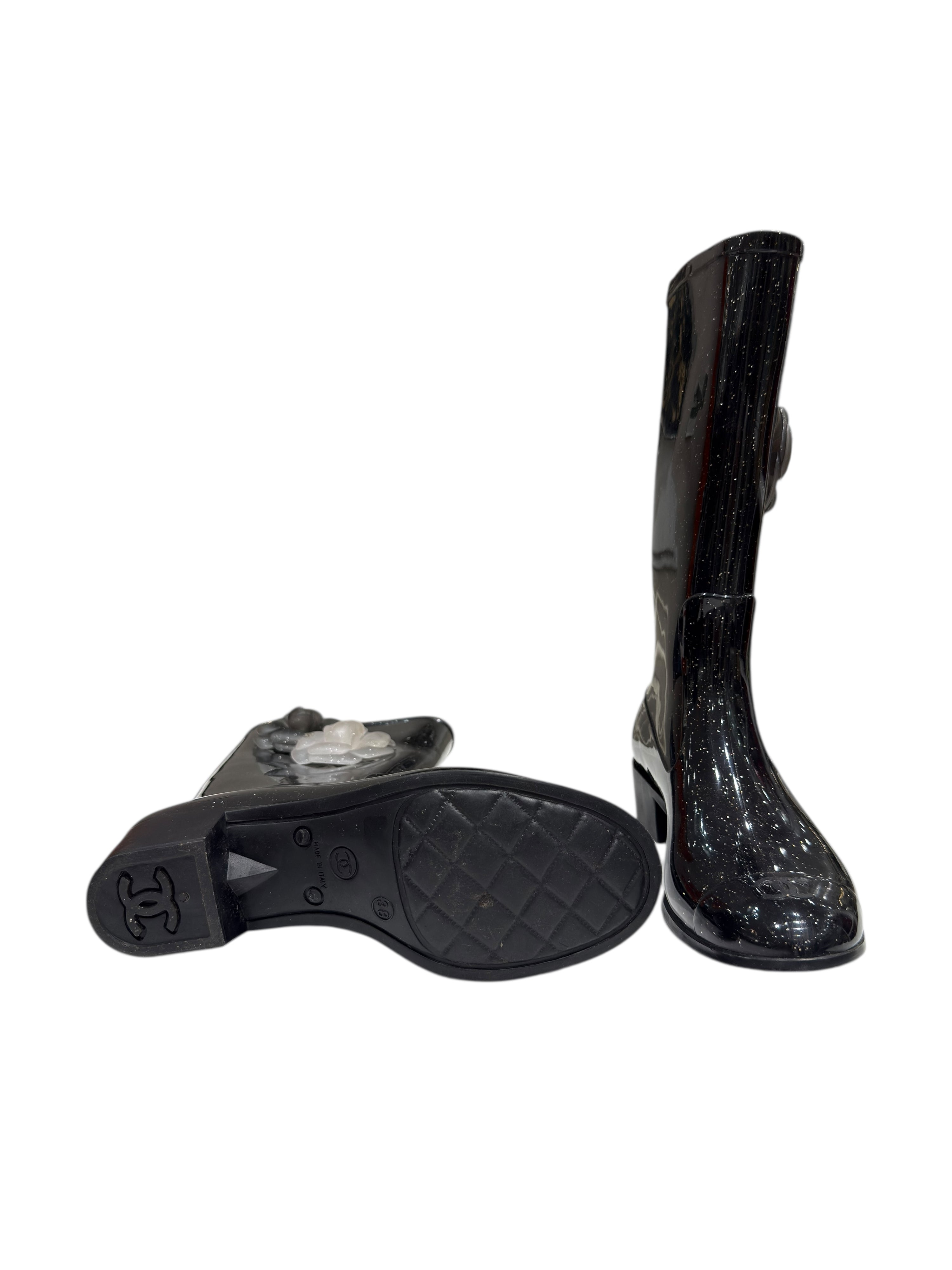 Chanel - Stivali da pioggia con glitter e camelia T38