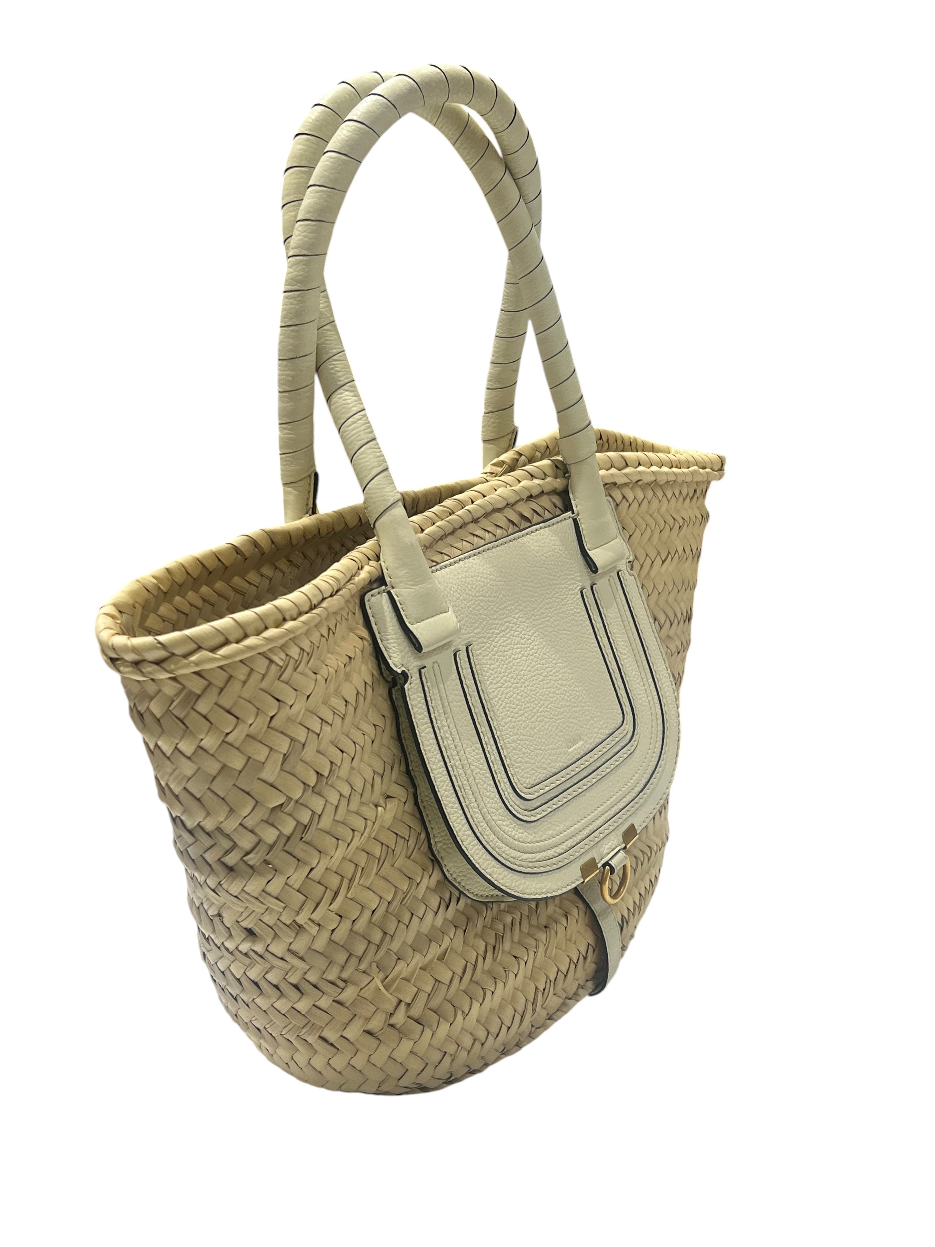 Chloé - Cesto Marcie GM in foglie di palma e pelle bianca