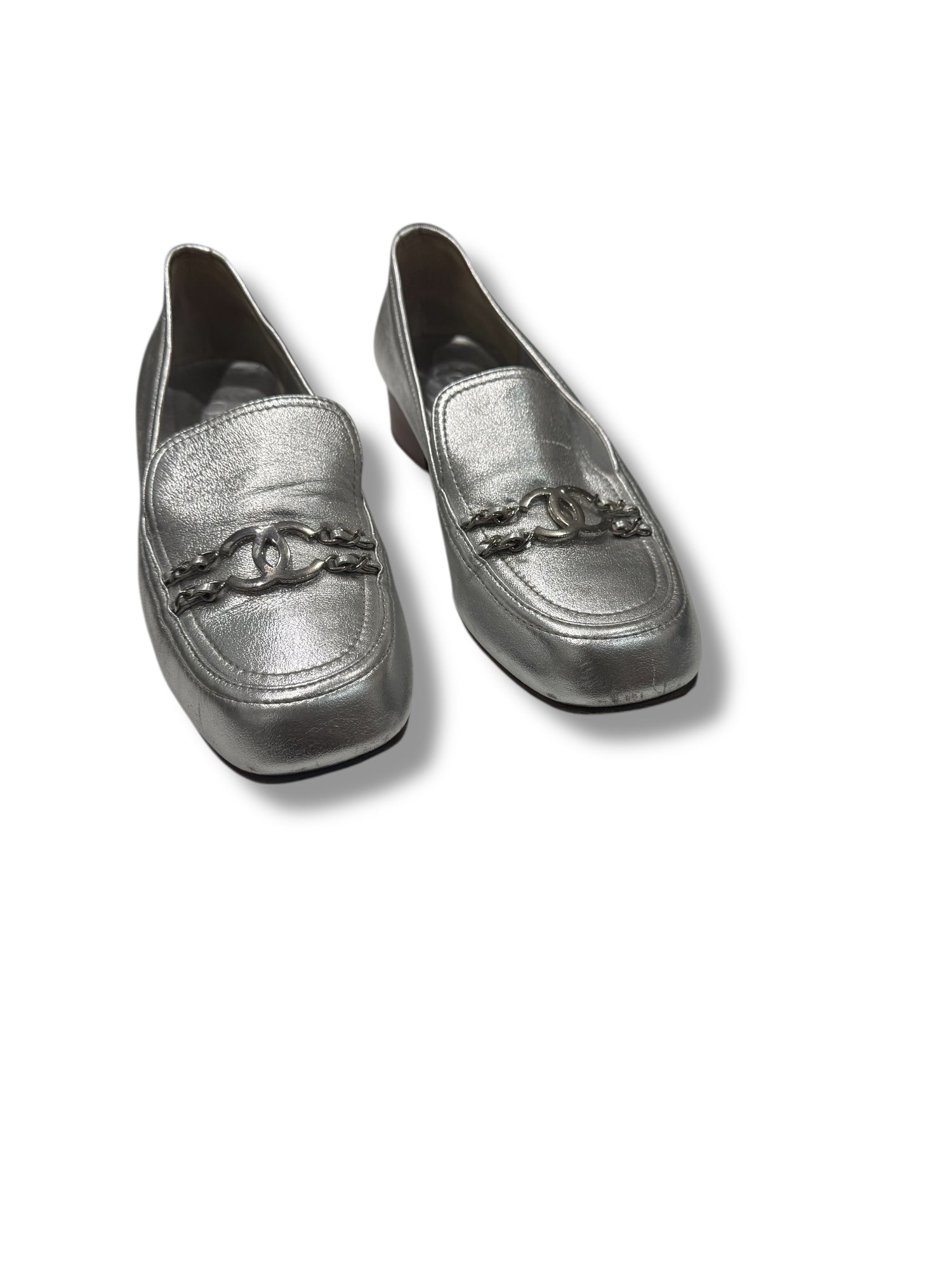 Chanel - Mocassins cuir argenté CC T41