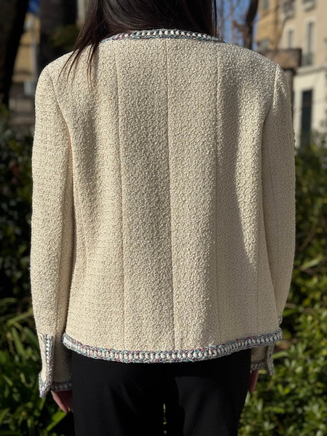 Chanel - Veste tweed sans col écru t.42