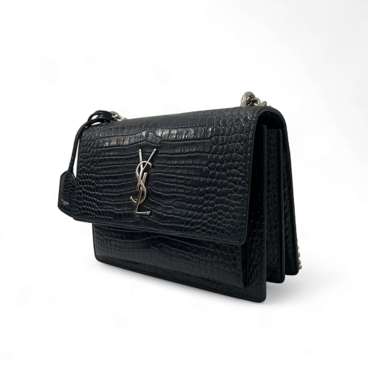 Saint Laurent - Navy Blue Embossed Crocodile Sunset Bag