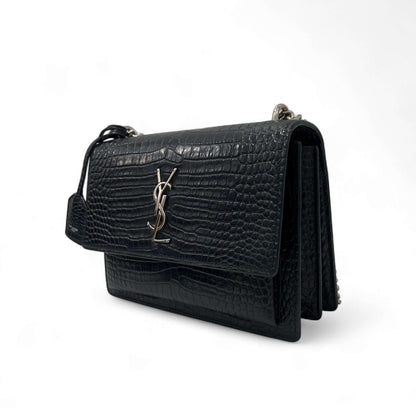 Saint Laurent - Sac Sunset croco embossé bleu marine