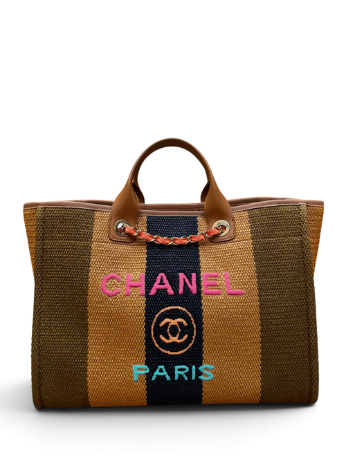Chanel - Sac Cabas Deauville en raphia beige et kaki