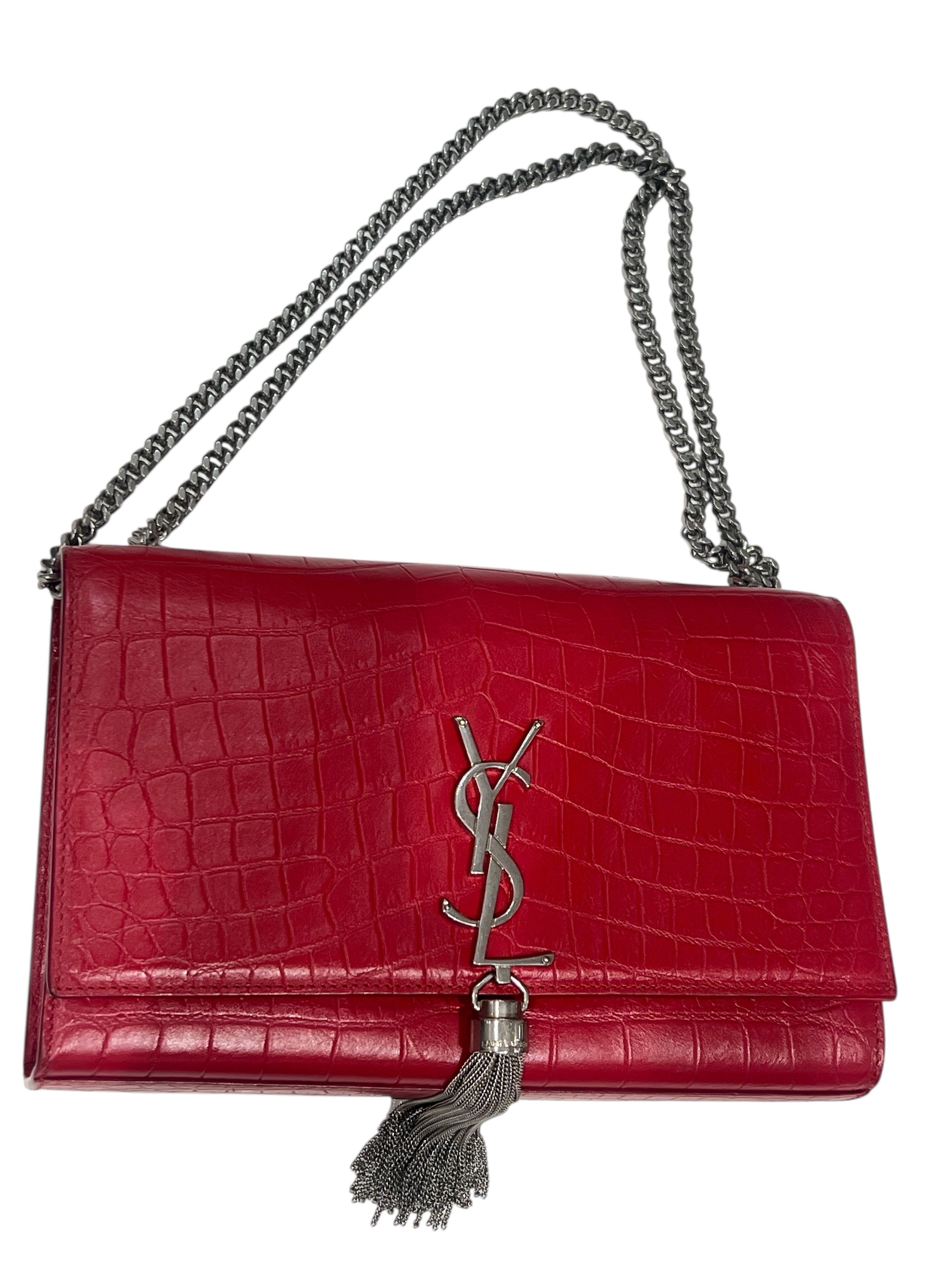 Saint Laurent - sac Kate pompon médium cuir façon croco rouge