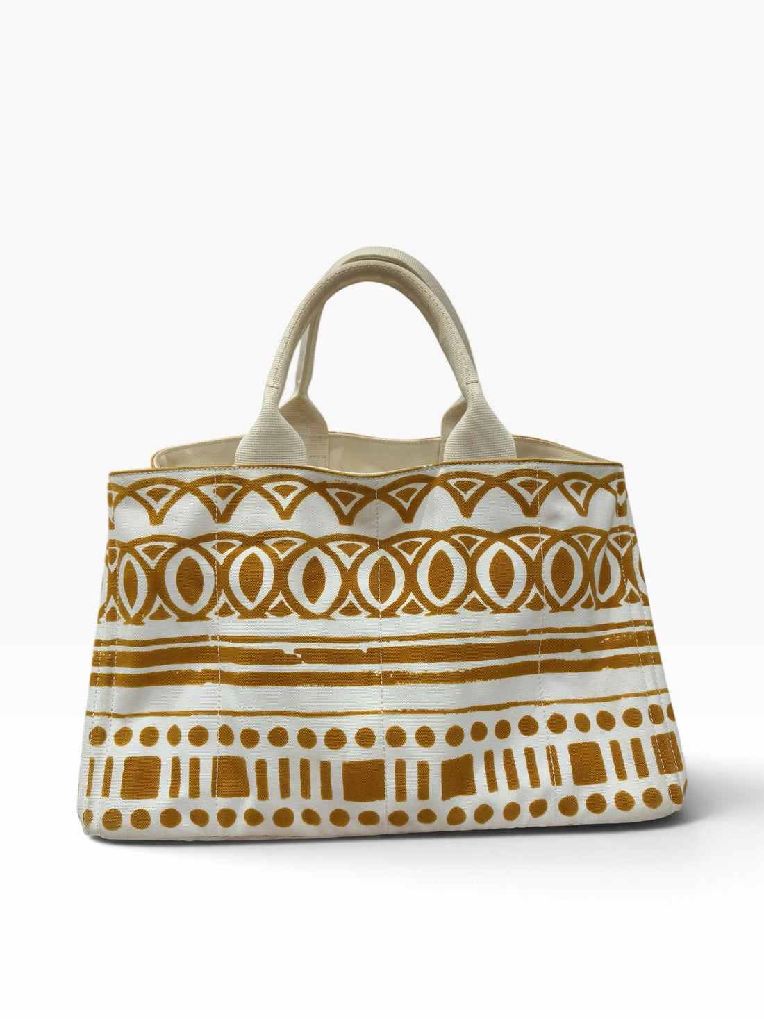 Prada - Sac cabas Canapa imprimé toile marron doré et blanc