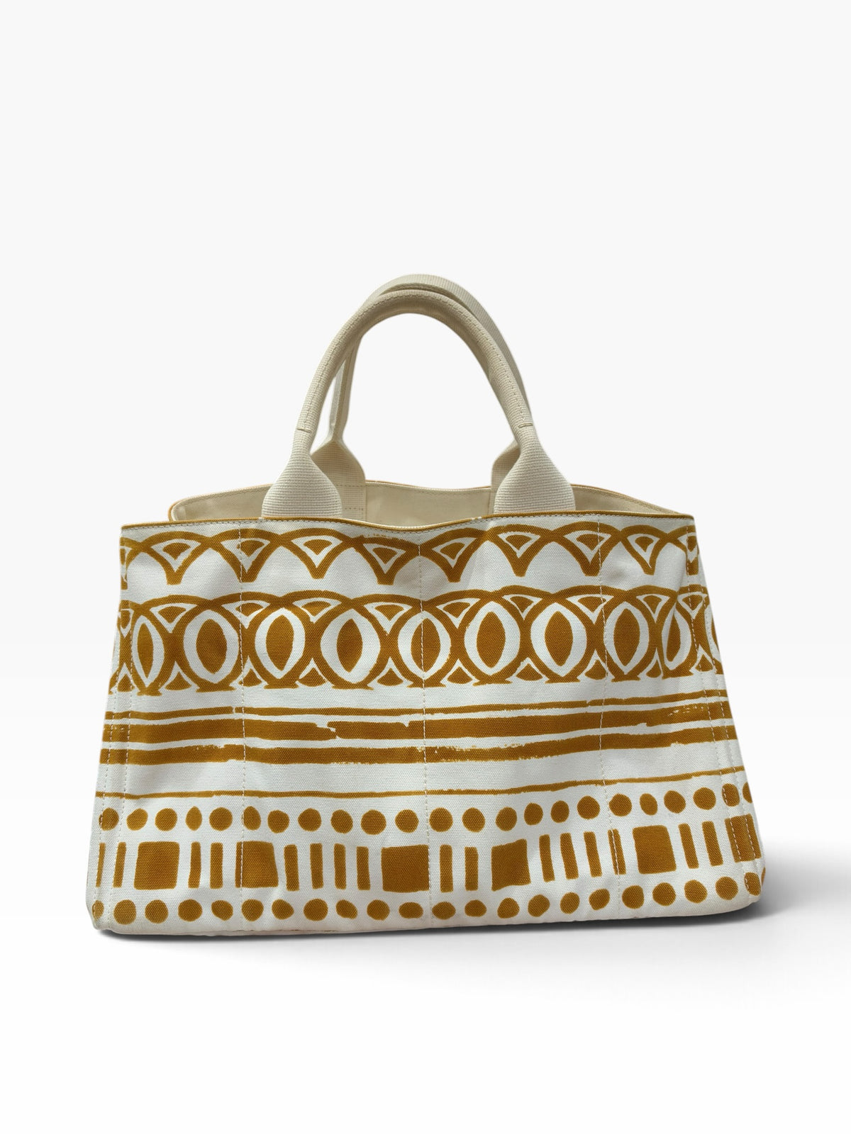 Prada - Sac cabas Canapa imprimé toile marron doré et blanc