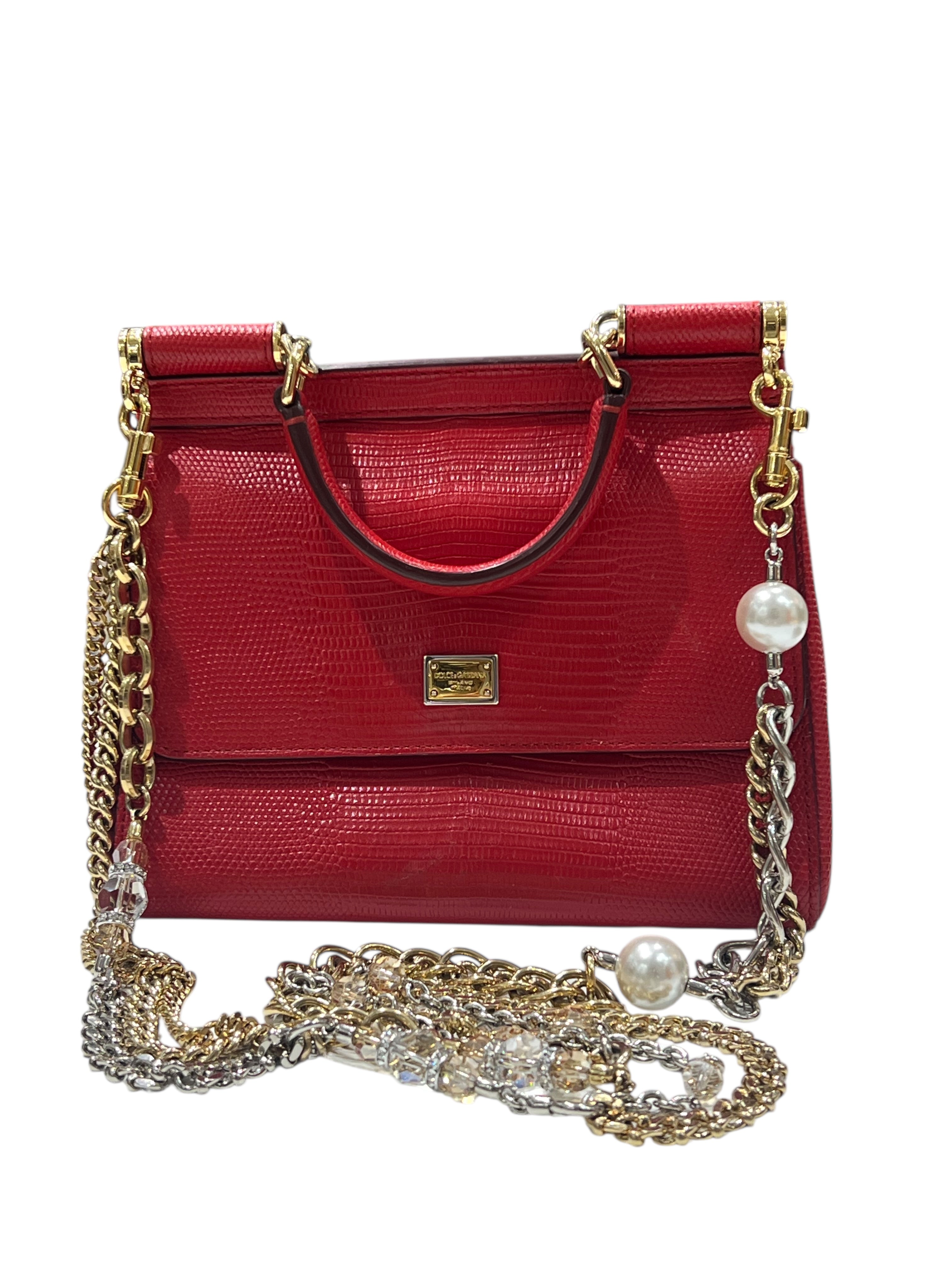 Dolce gabbana - sac sicily cuir façon lézard rouge chaîne bijou