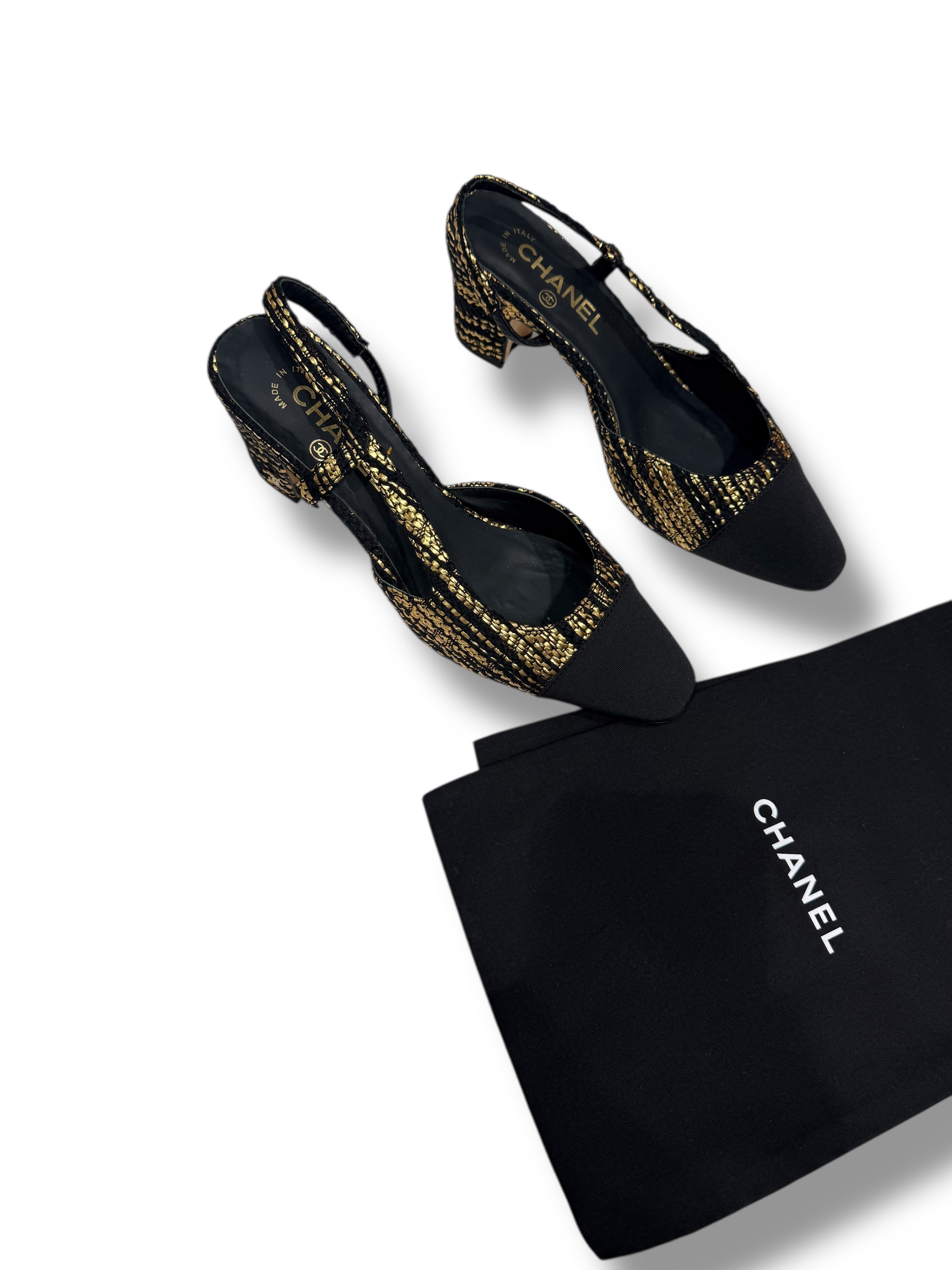 Chanel - Slingback tweed noir et or T40C édition limitée