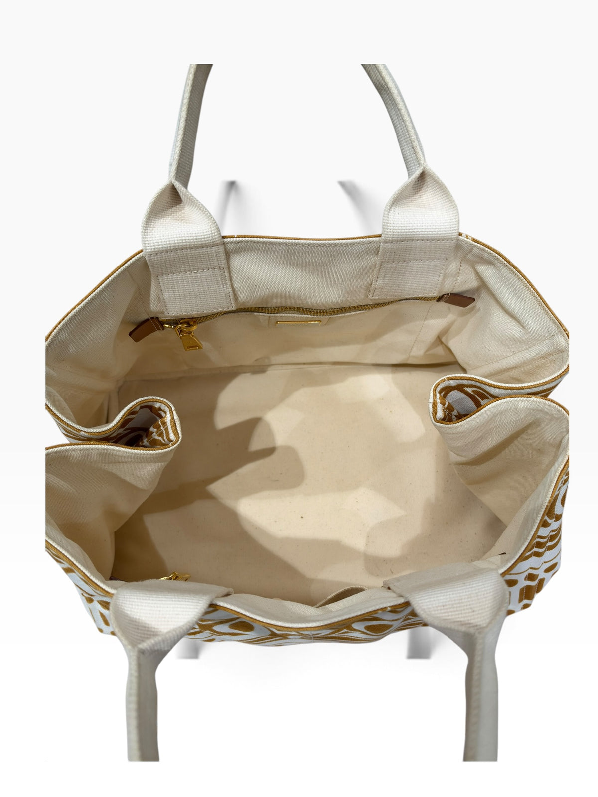 Prada - Sac cabas Canapa imprimé toile marron doré et blanc