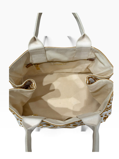 Prada - Sac cabas Canapa imprimé toile marron doré et blanc