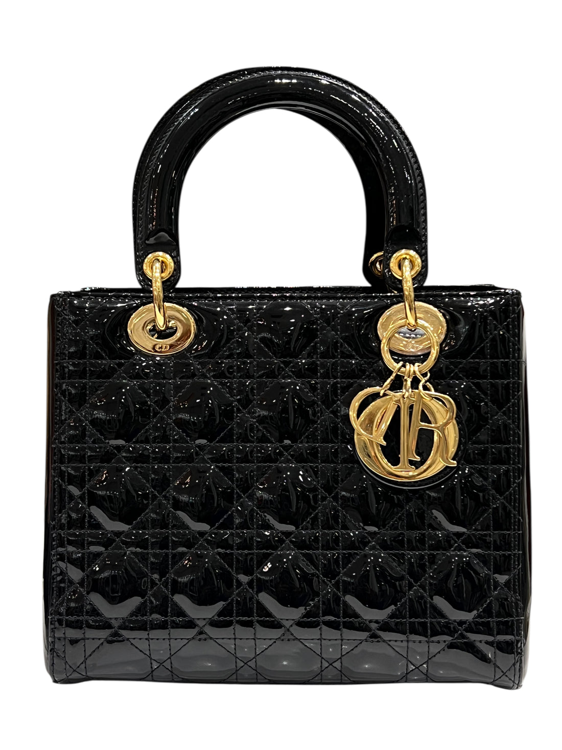 Dior - sac lady cuir vernis noir MM