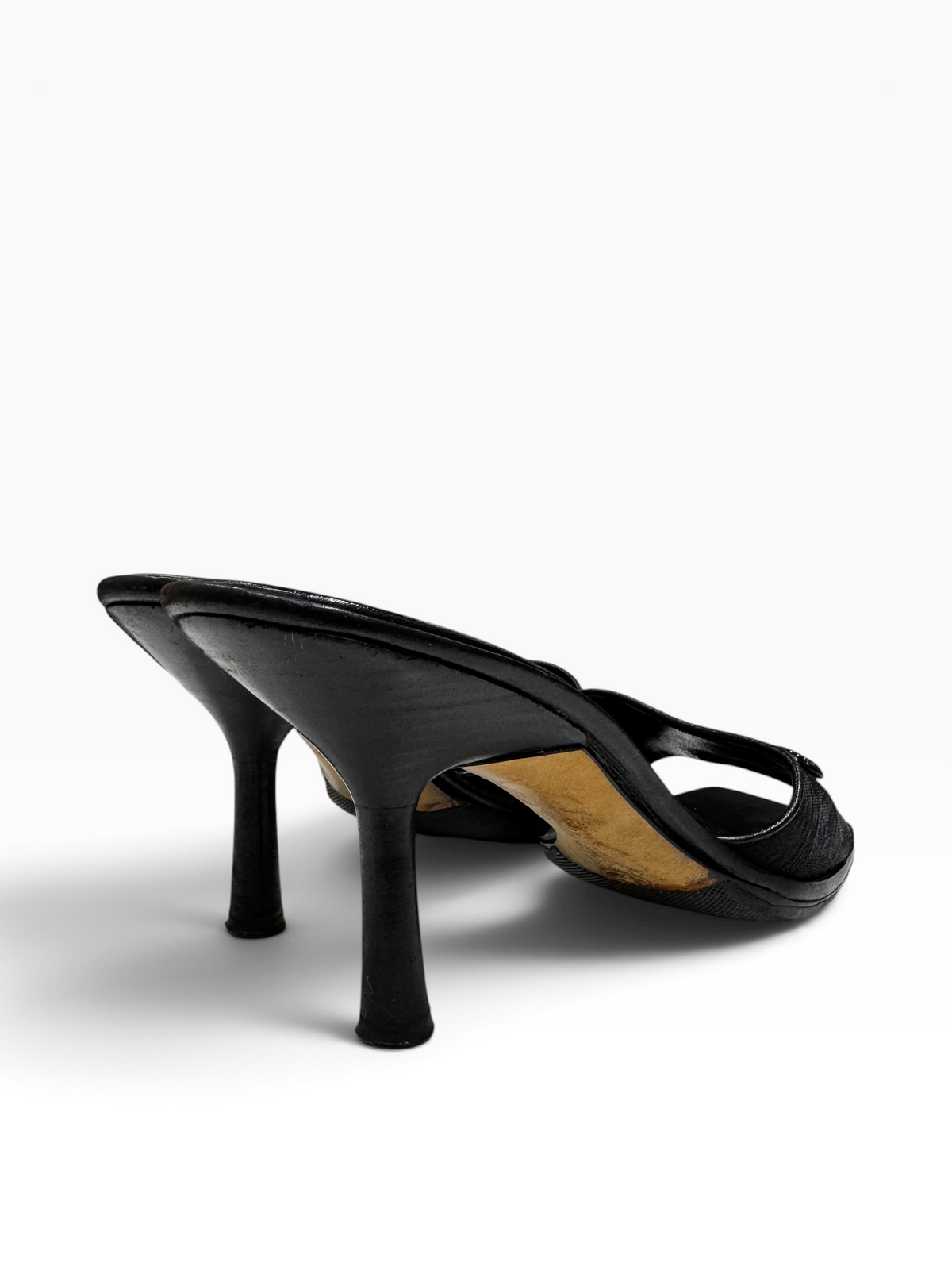Chanel - Mules à talon en cuir noir et toile