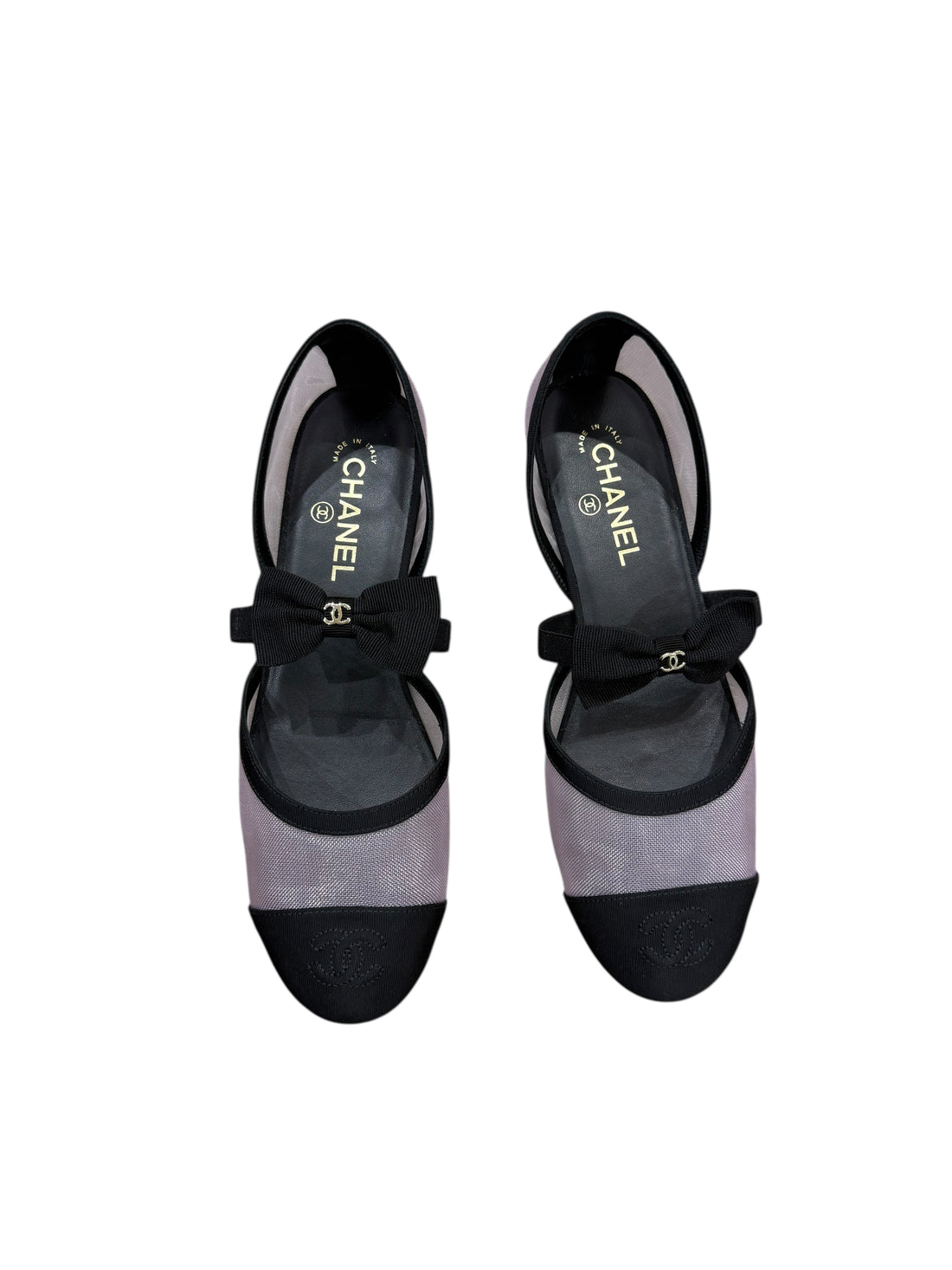 Chanel - Mary Janes résille violette &amp; nœud et bout noir T40
