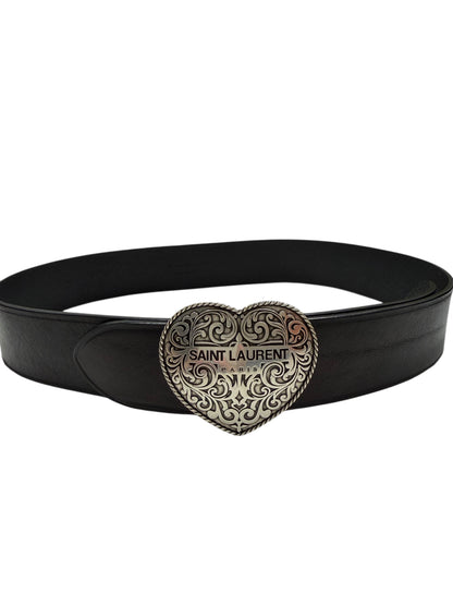 Saint Laurent - Ceinture en cuir noir et boucle cœur argenté T80