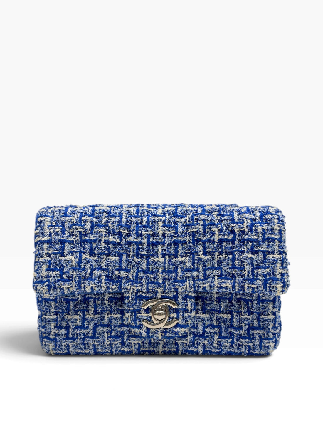 Chanel - Sac timeless mini rectangular en tweed bleu et blanc