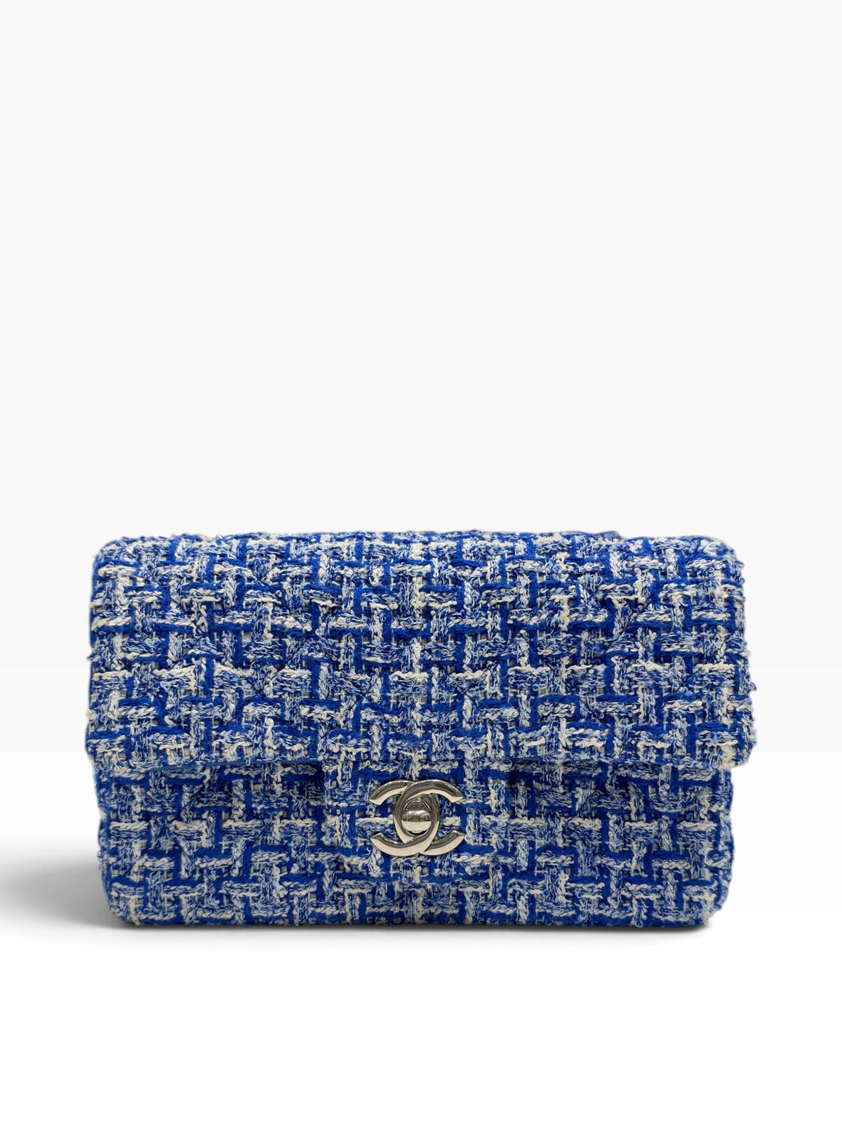 Chanel - Sac timeless mini rectangular en tweed bleu et blanc