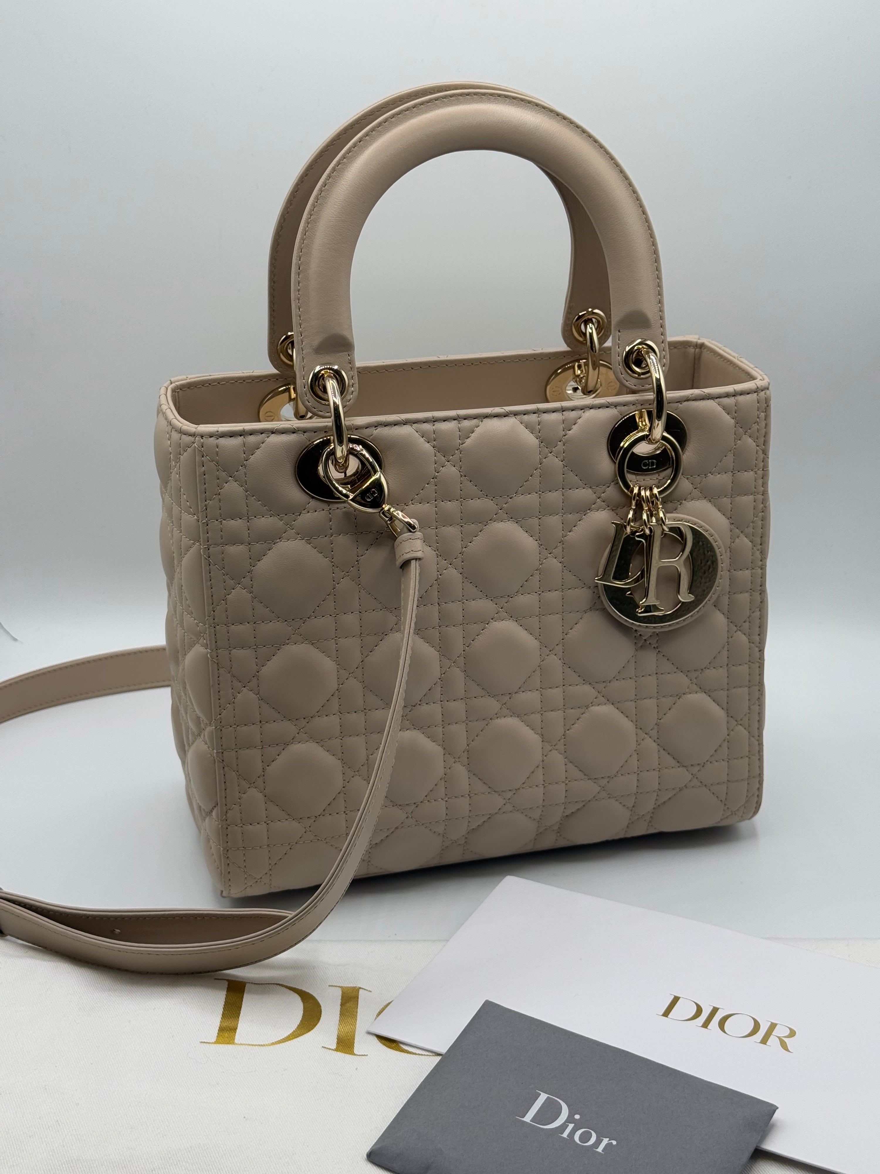 Dior - Medium Lady Dior bag in beige leather