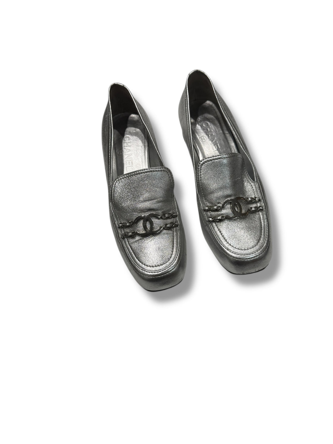Chanel - Mocassins cuir argenté CC T41