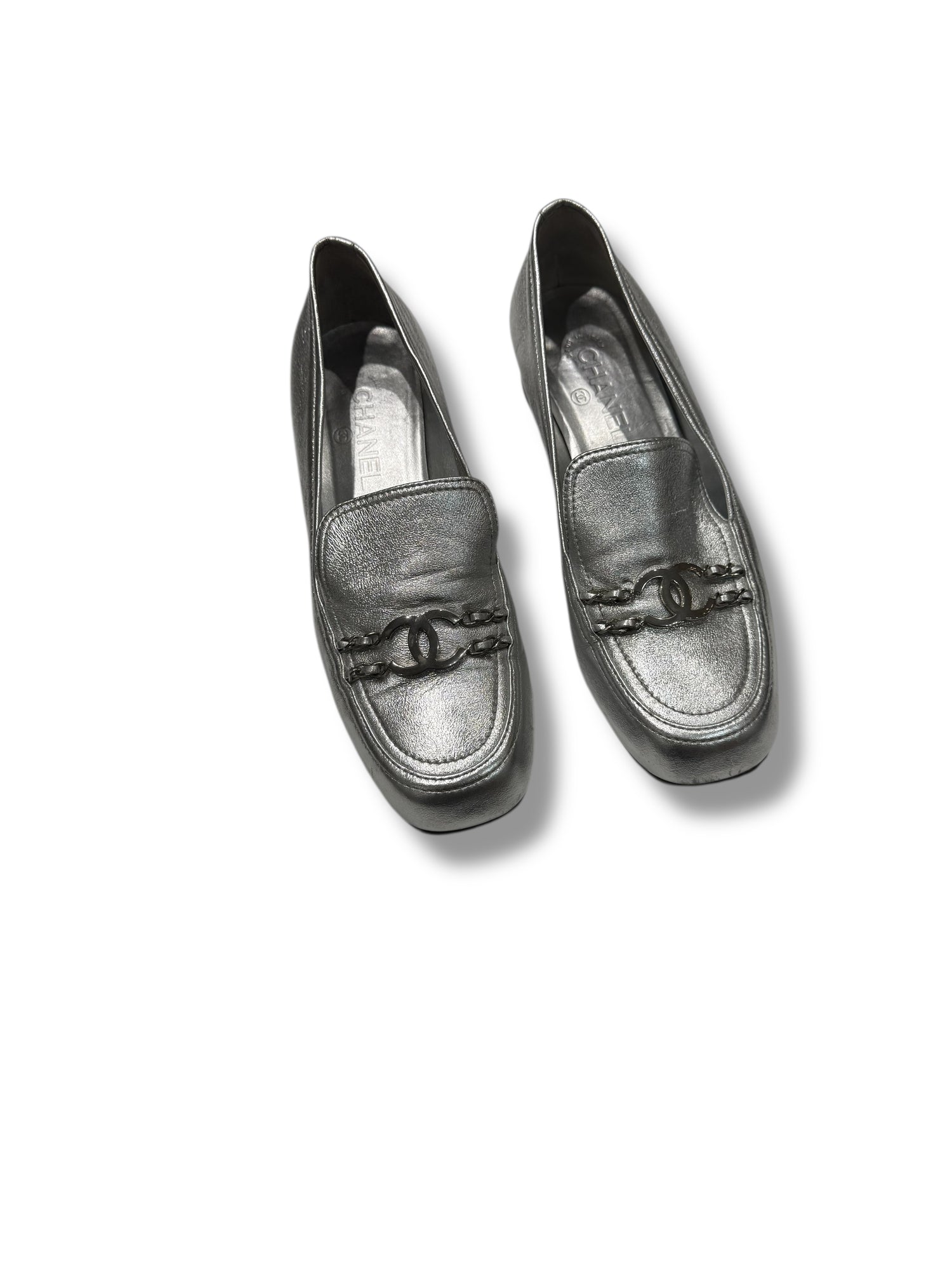 Chanel - Mocassins cuir argenté CC T41