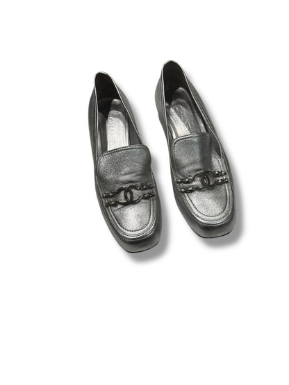 Chanel - Mocassins cuir argenté CC T41