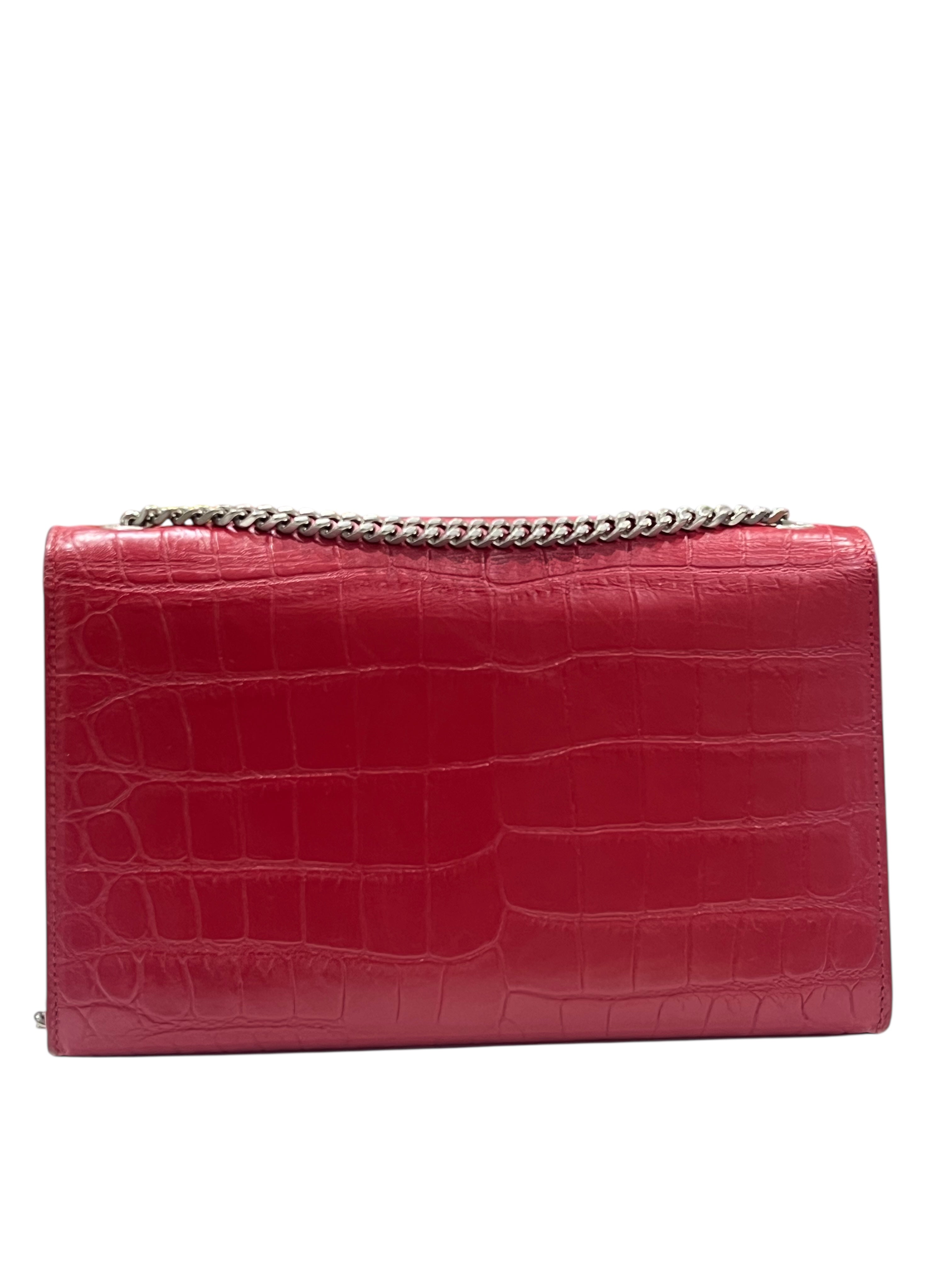 Saint Laurent - sac Kate pompon médium cuir façon croco rouge