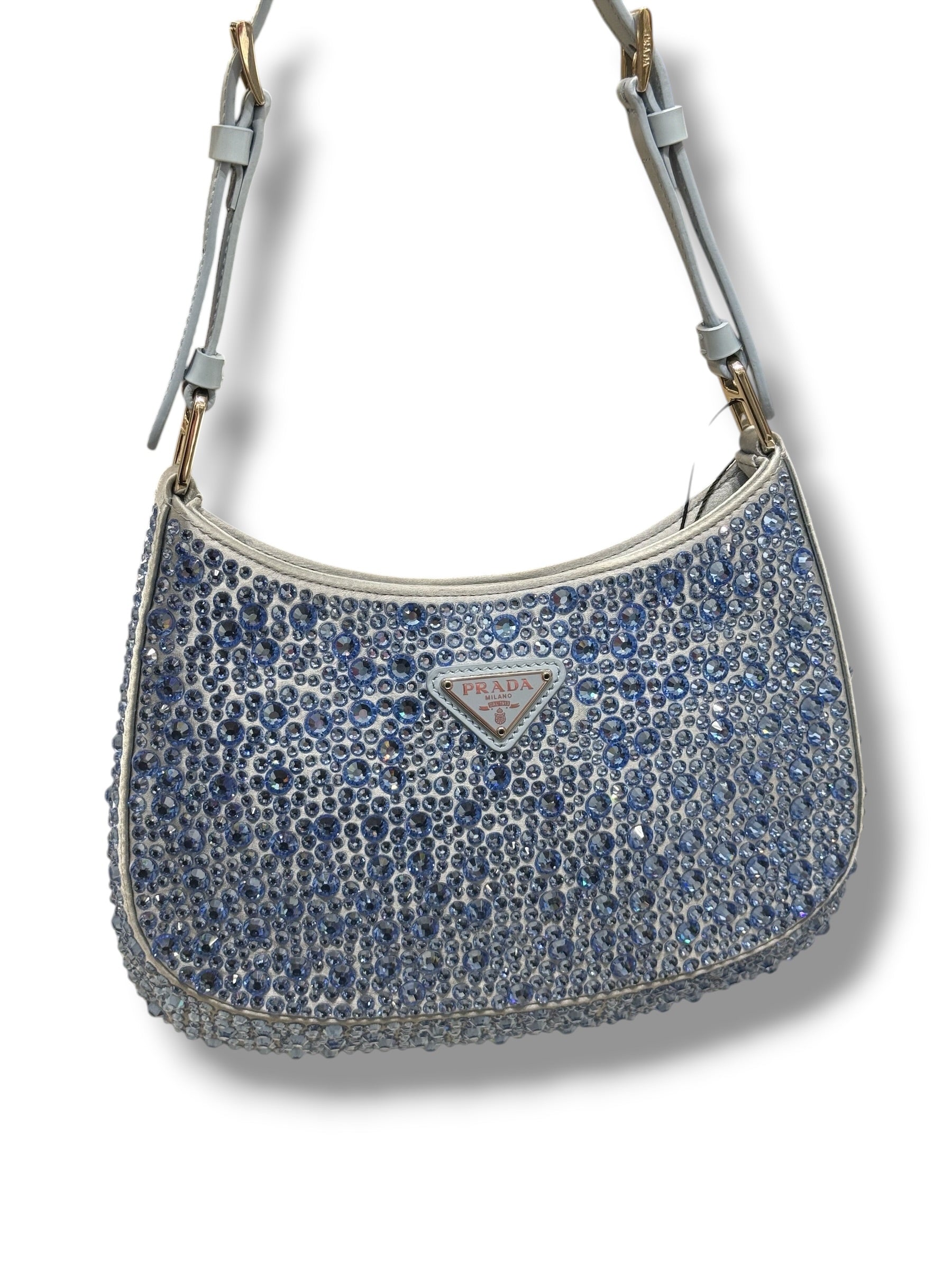 Prada - borsa Cleo in raso con cristalli blu