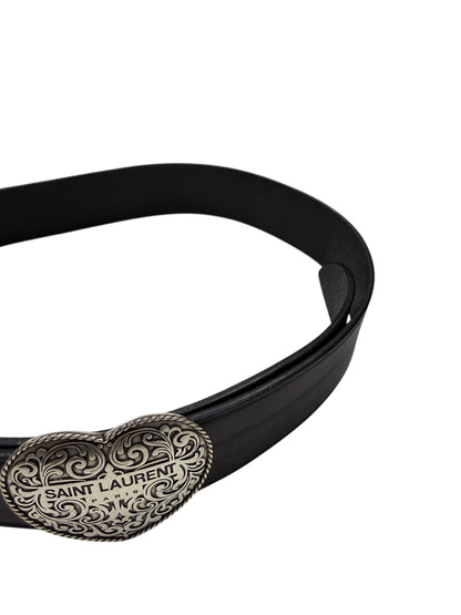 Saint Laurent - Ceinture en cuir noir et boucle cœur argenté T80
